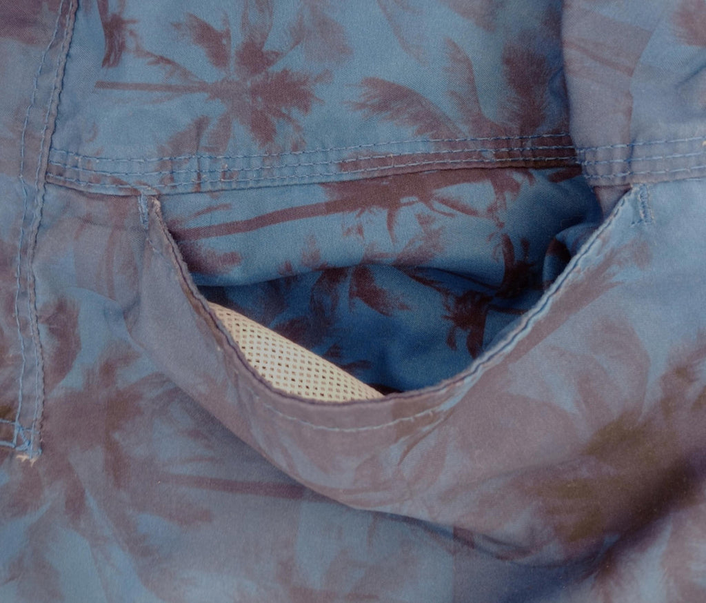 Palm Tree Swim Shorts Men's UK Size L Blue Pockets Drawstring Hawaiian Print