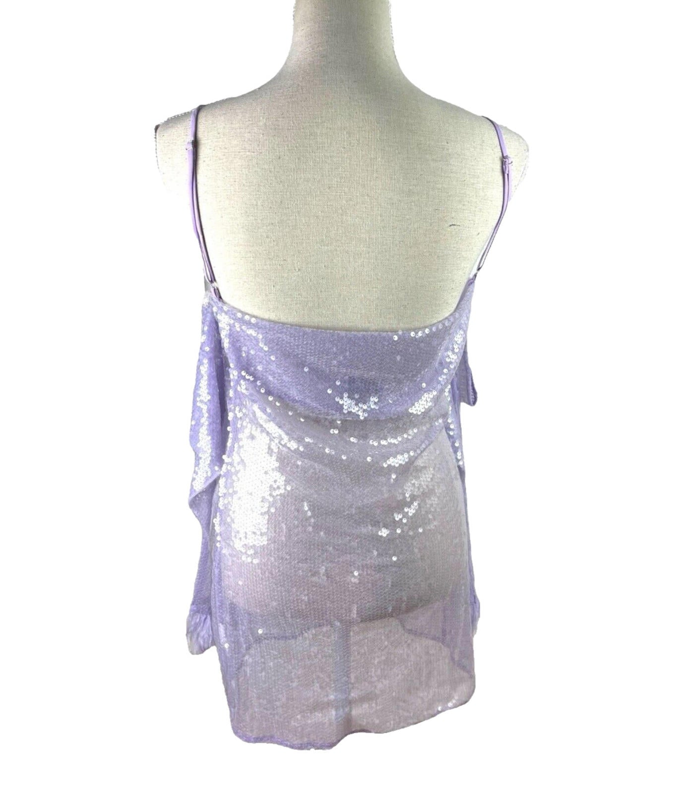 Lilac Full Sheer Sequin Mini Dress Feather Detail Women’s UK Size 8