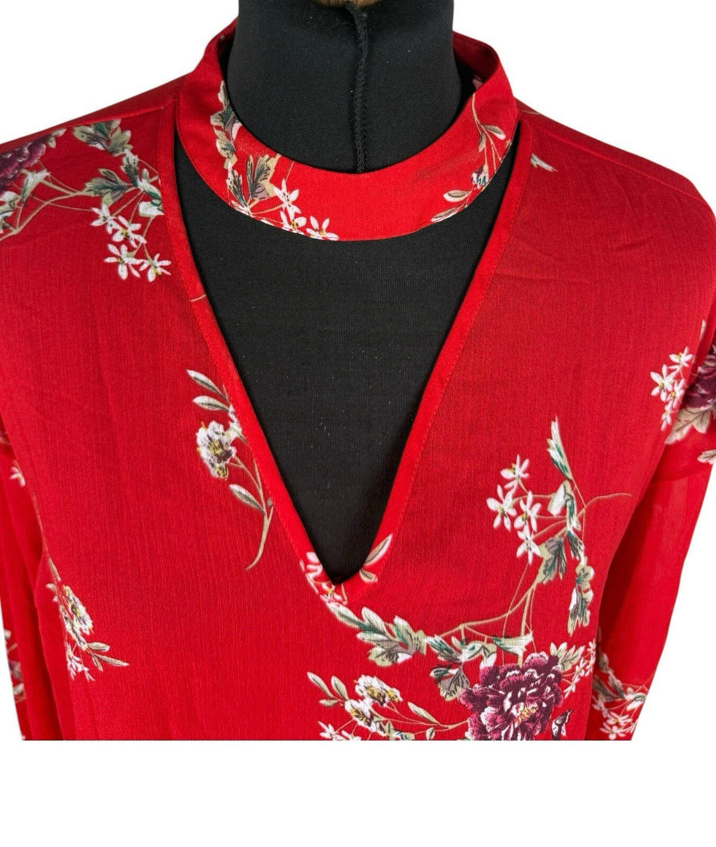 Primark Floral Blouse Women’s UK Size 14 Long Sleeve Ruffled Cuffs Choker Neck