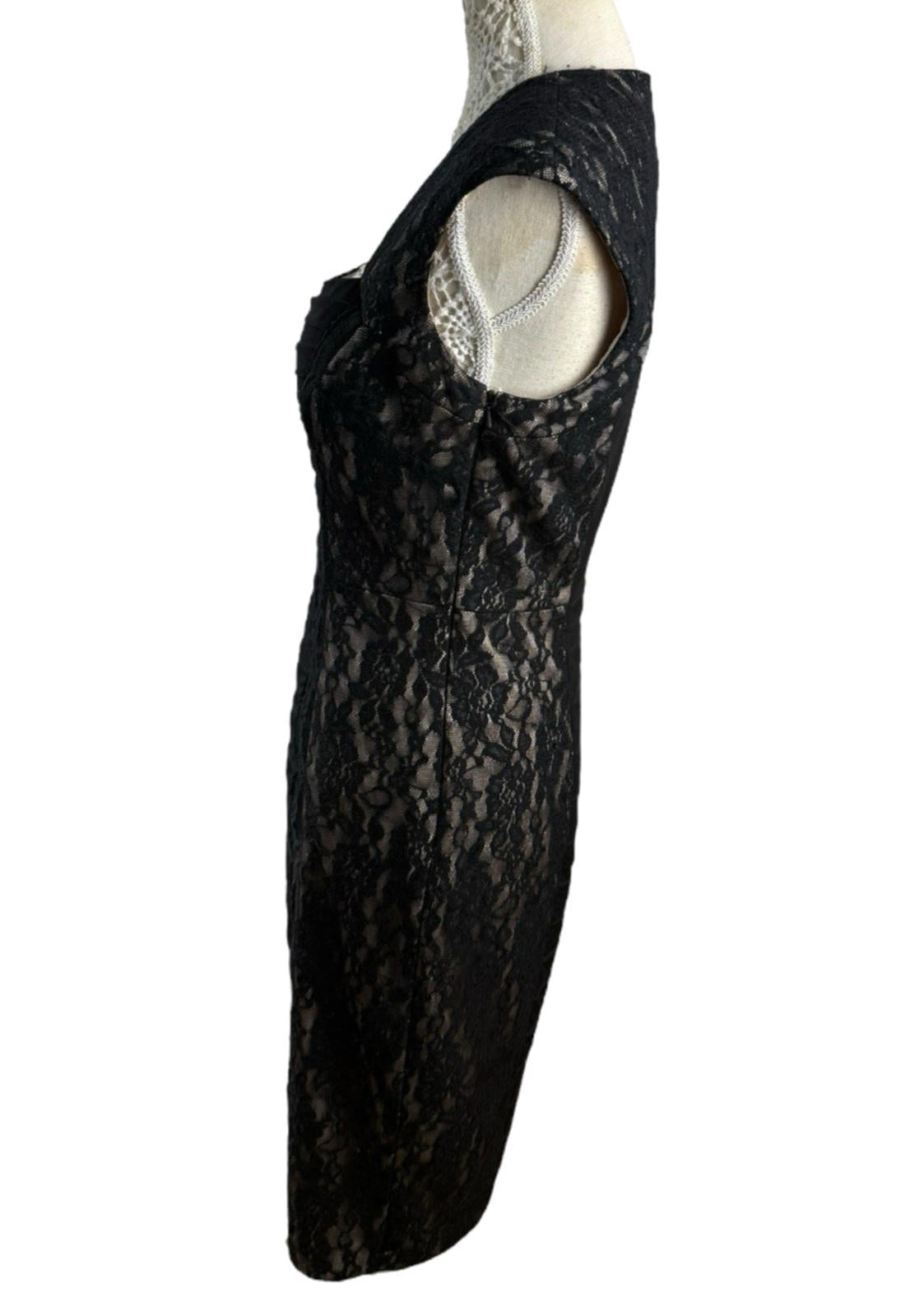 Jax Cocktail Dress Women's UK Size 8 Ruched Panel & Lace Overlay Bodycon Lined