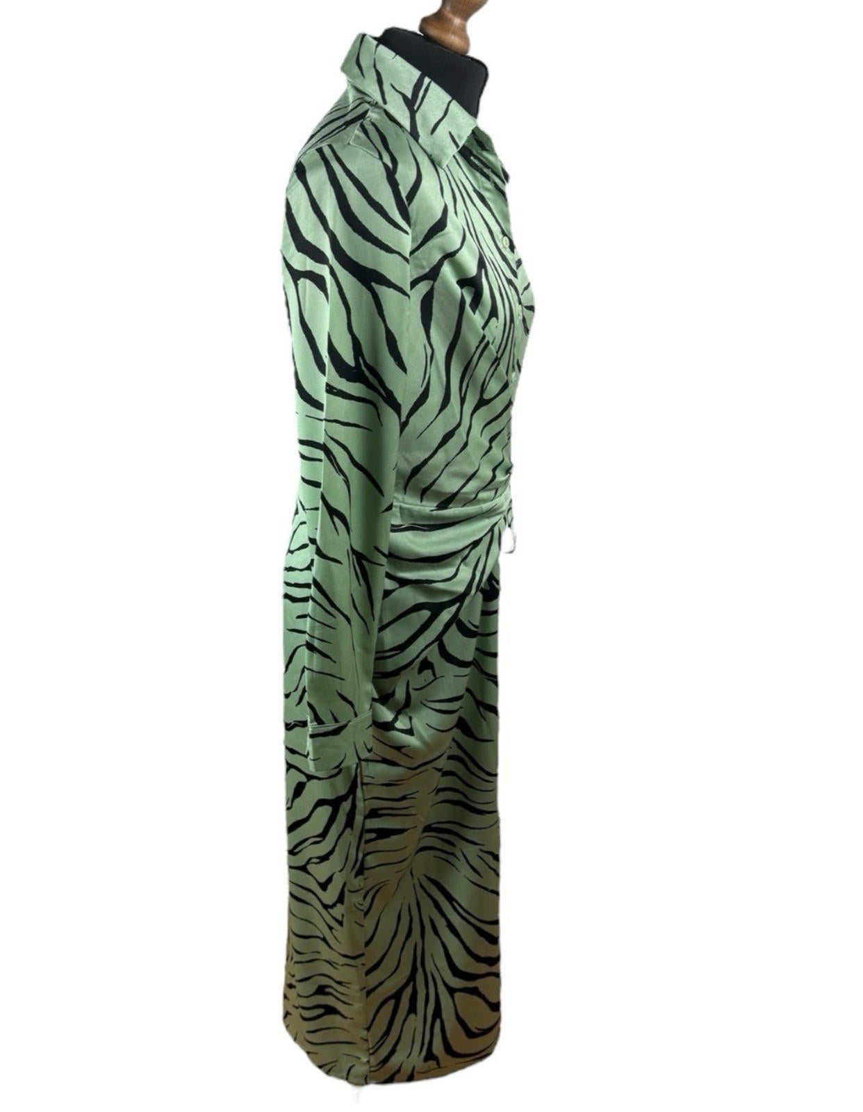 Elli White Satin Shirt Dress Animal Print Wrap Design Green Women’s UK Size S