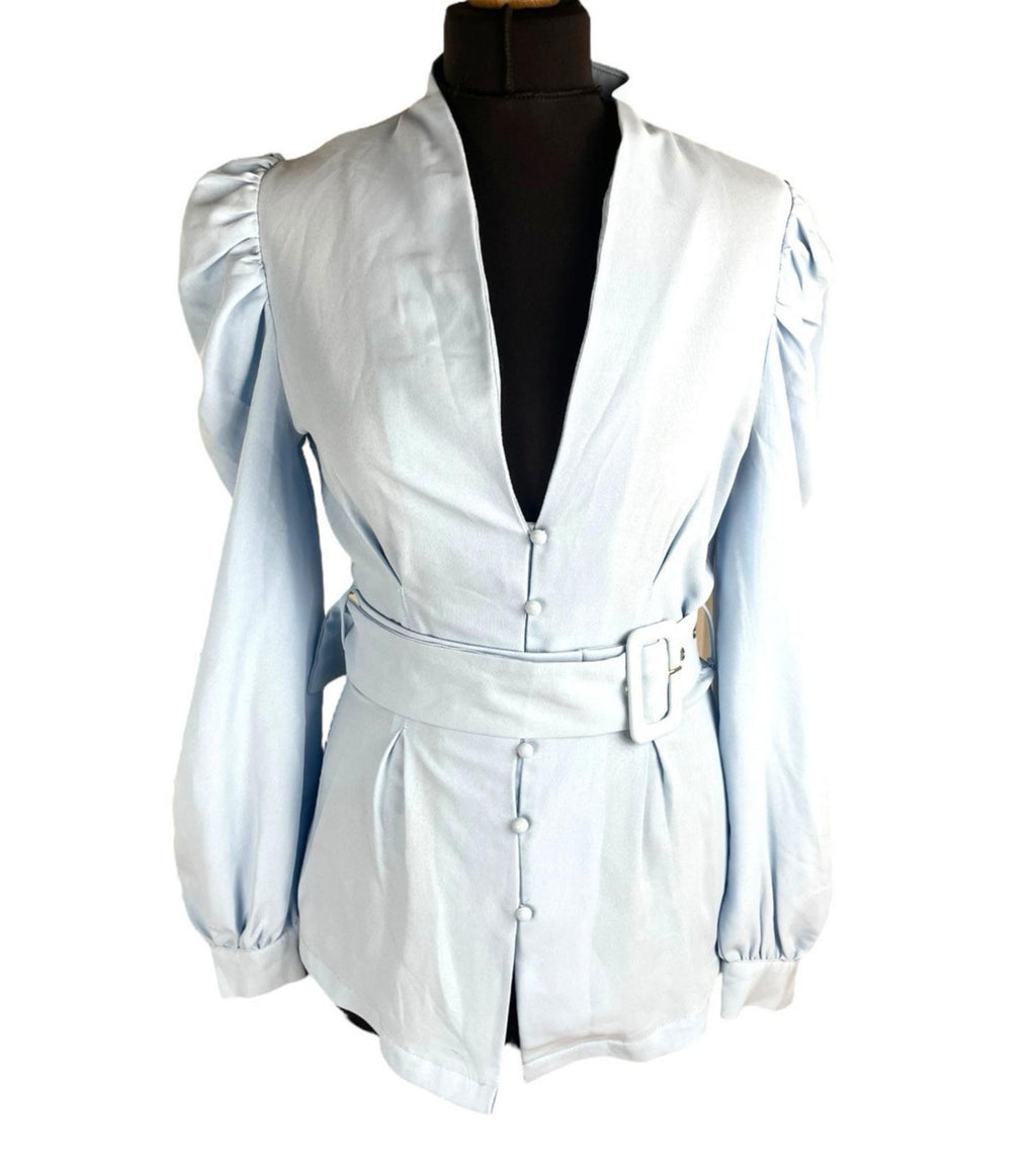 In The Style Blouse Women's UK Size 10 Belted Waist Puff Shoulder Sleeves Plunge