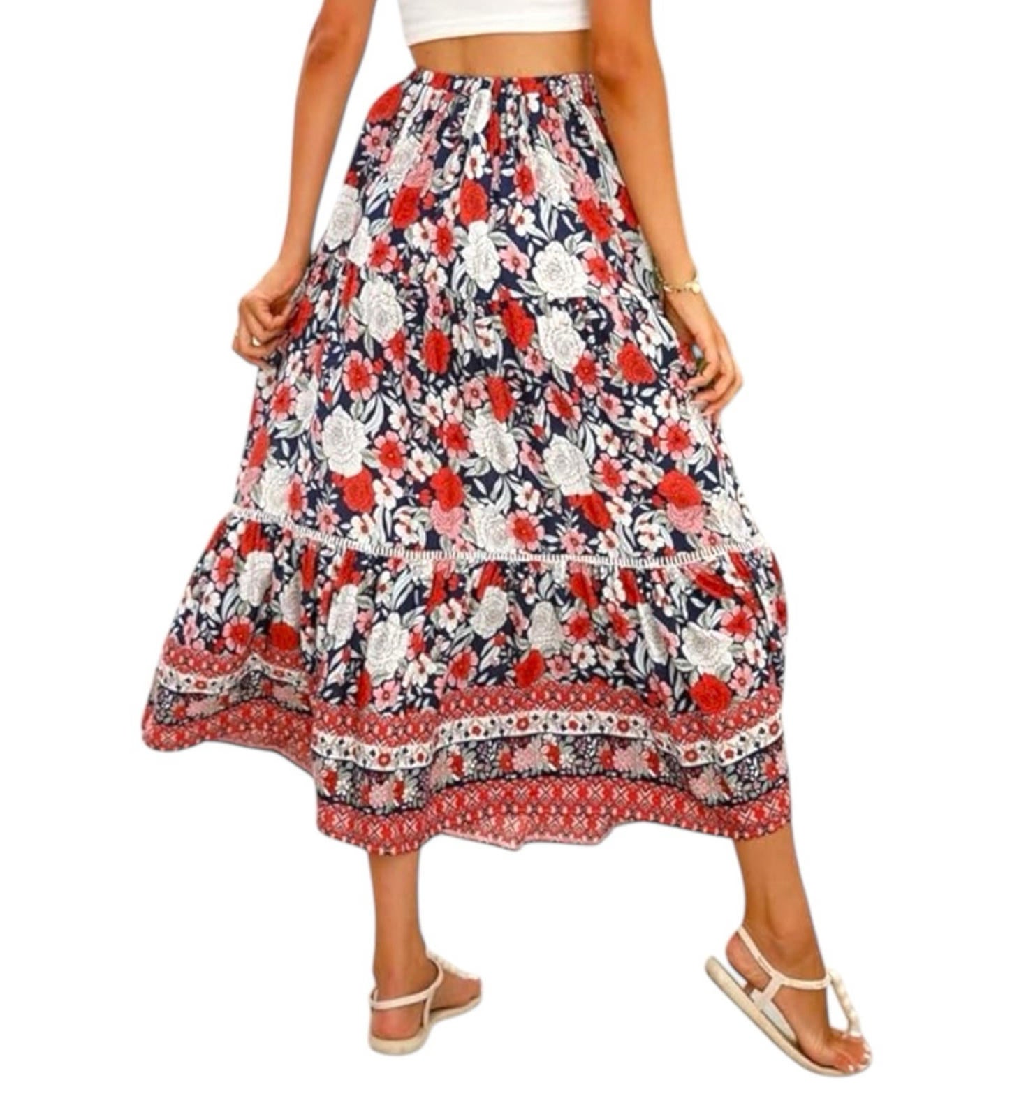 Bohemian Floral Swing Skirt Midi High Waist Women’s UK Size L (12)