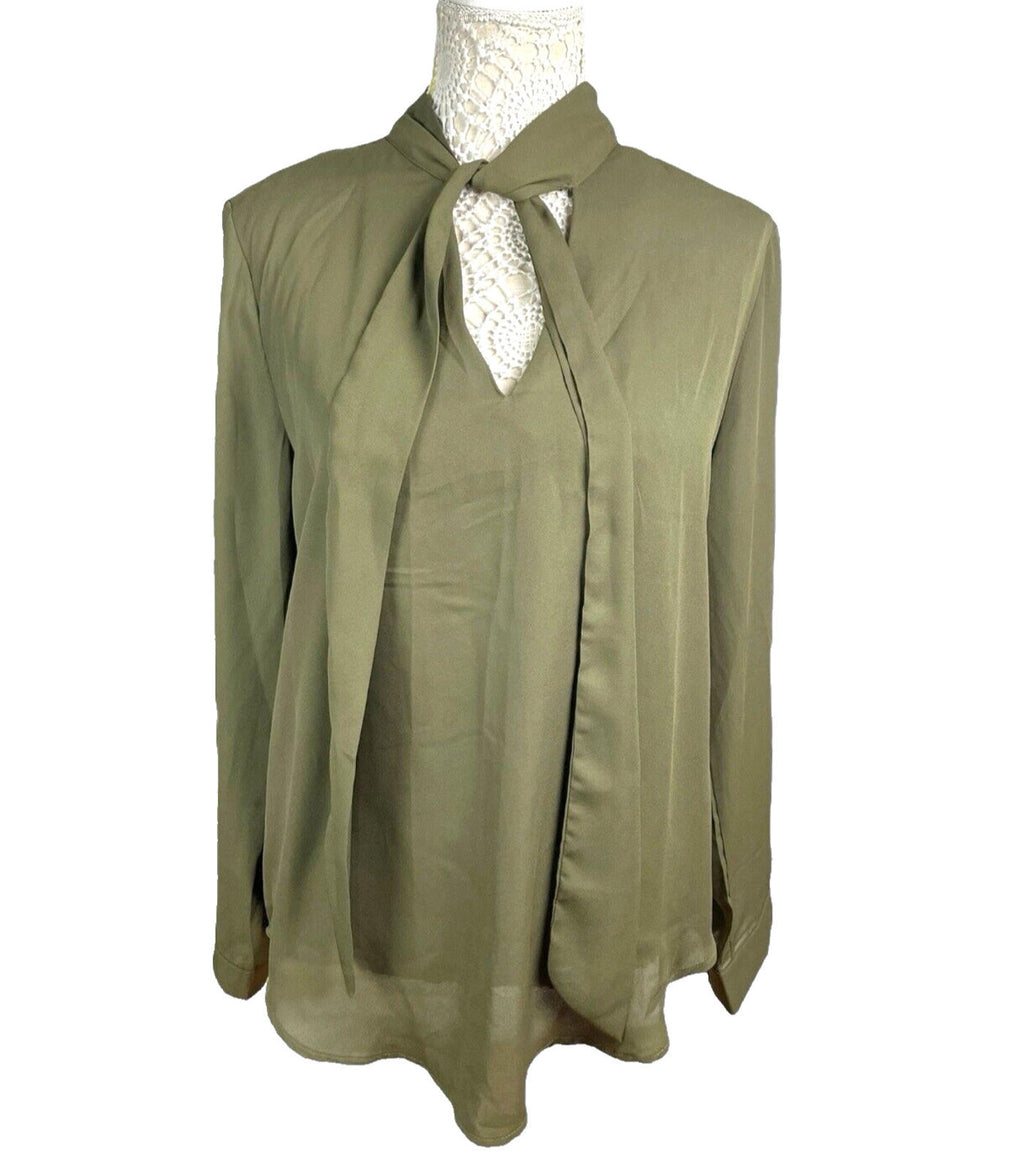 Yidarton Khaki Green Blouse Tie Neck Chiffon Women’s UK Size L (14)
