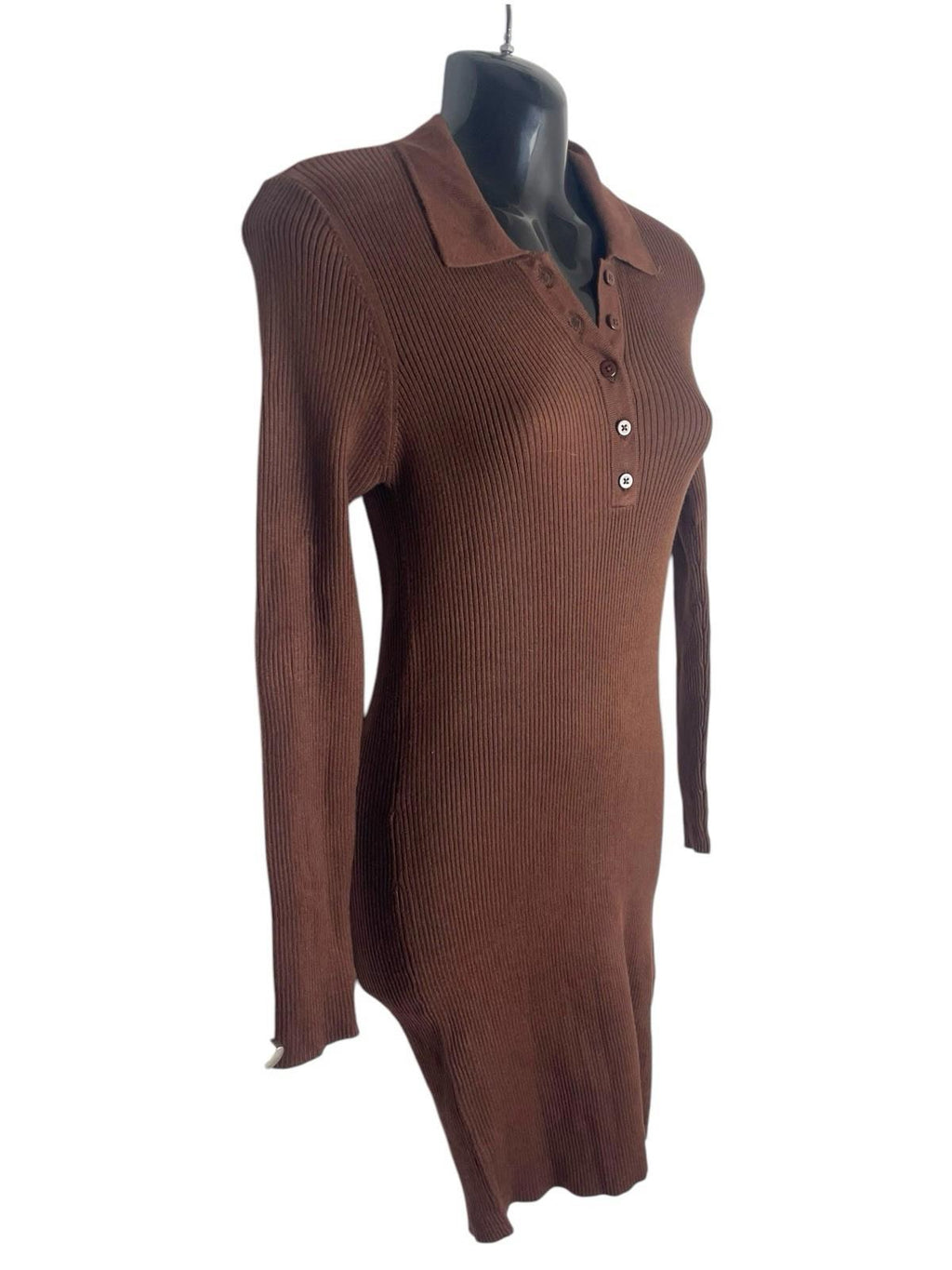 Stradivarius Rib-Knit Polo Dress Women’s UK Size XS Short Brown Long Sleeve