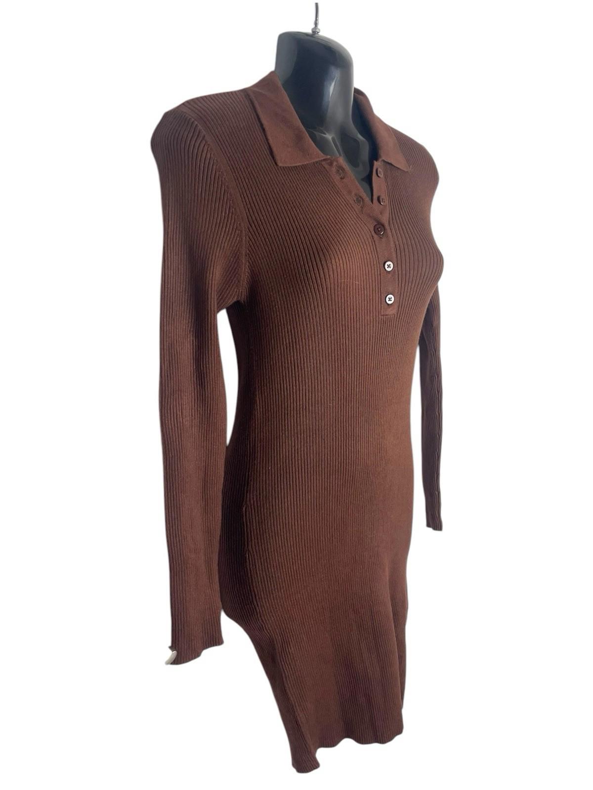 Stradivarius Rib-Knit Polo Dress Women’s UK Size XS Short Brown Long Sleeve