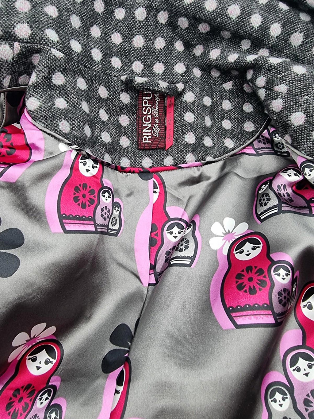Ringspun Pink Polka Dot Grey Coat Women's UK Size M