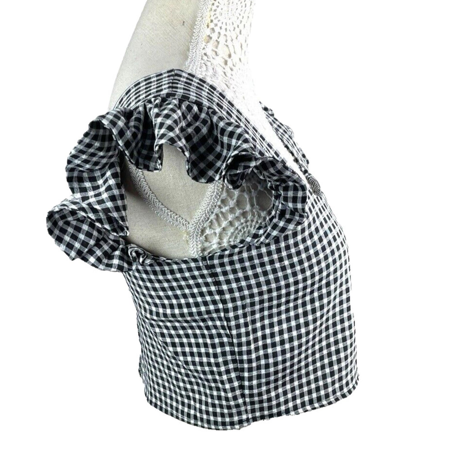 Gingham Ruffle Sleeve Square Neck Blouse Women’s UK Size 8 Cropped Black & White