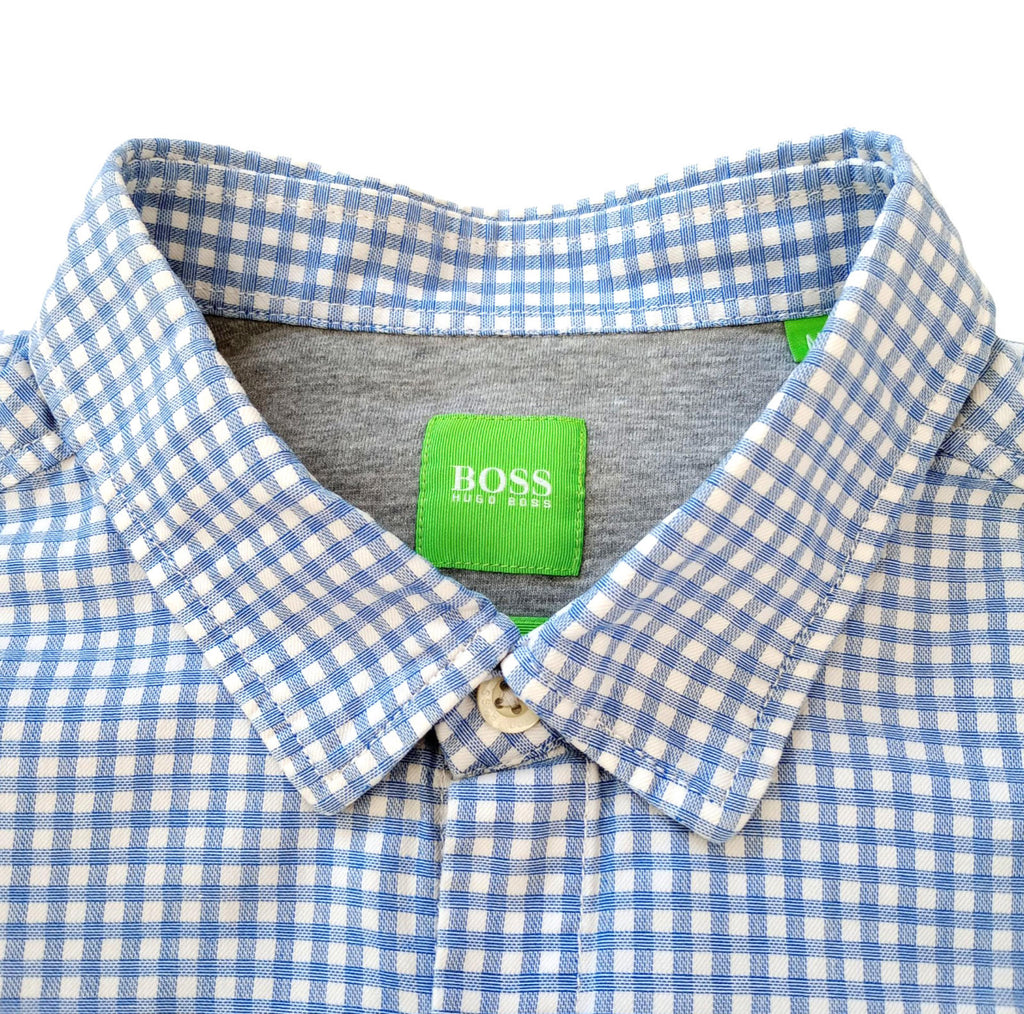 Hugo Boss Shirt Men's UK Size M Long Sleeve Blue Check 100% Cotton Pocket Modern
