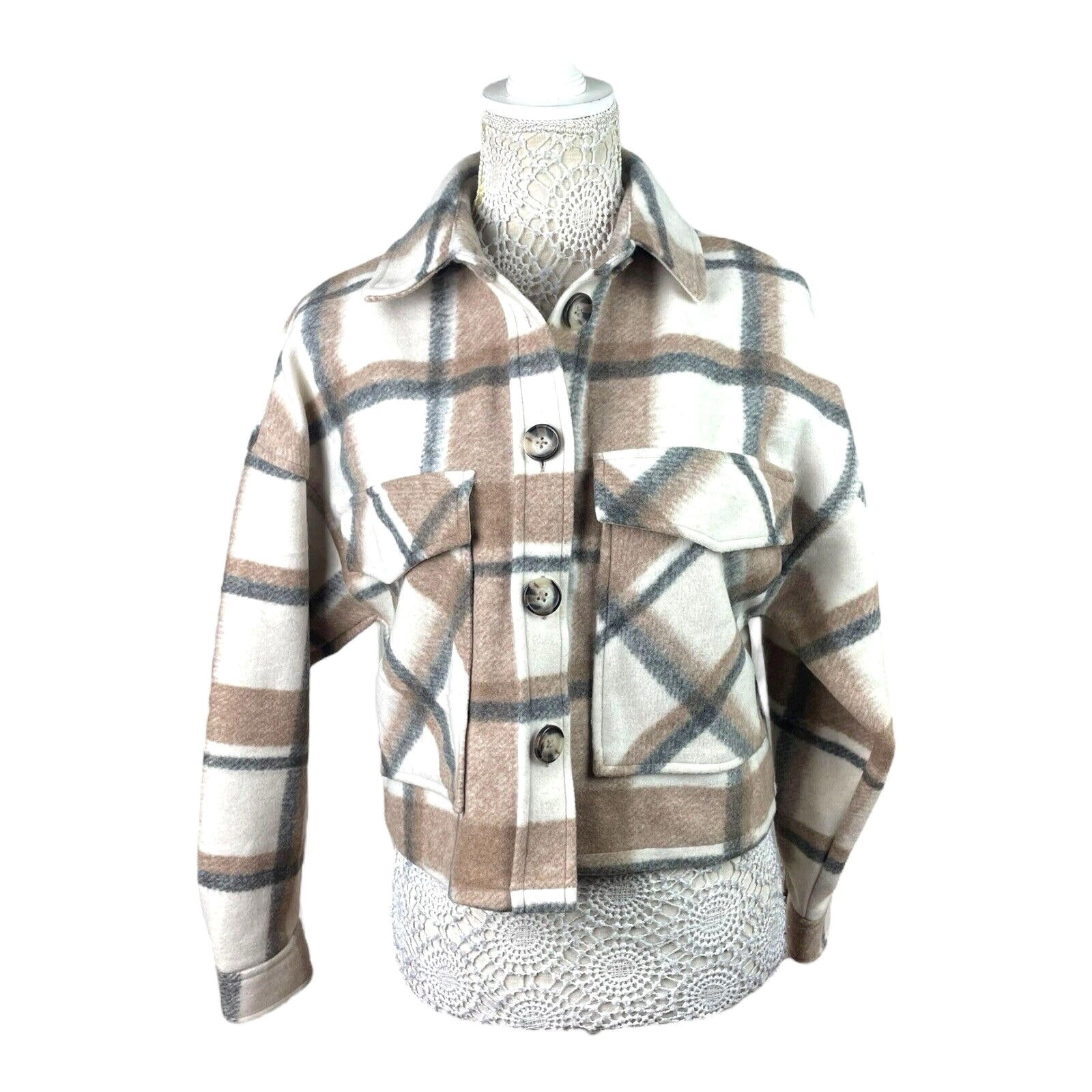 Stradivarius Beige Check Shacket Cropped Brushed Women’s UK Size XS