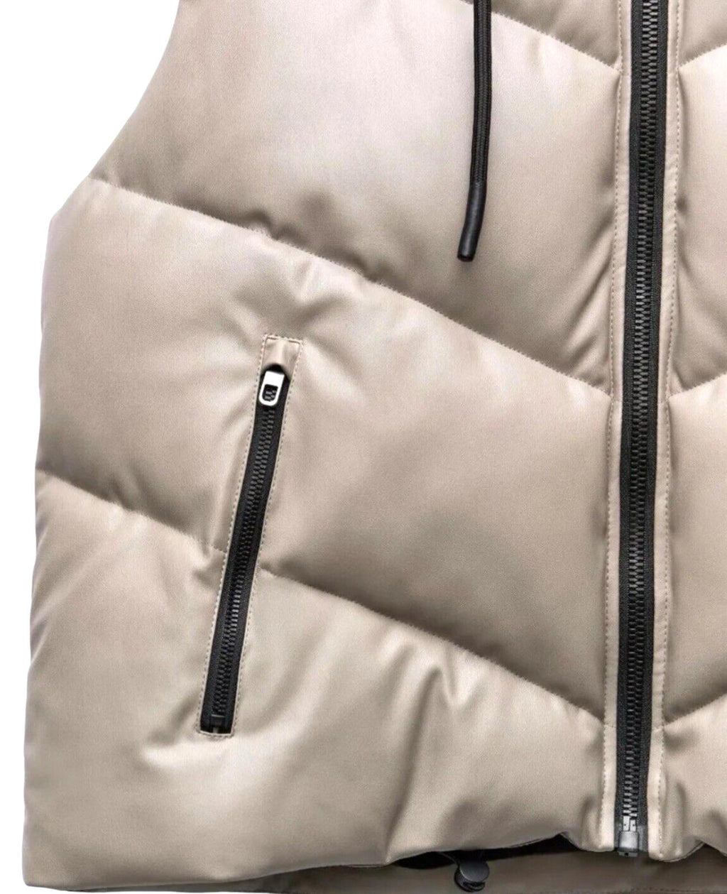 Zara Gilet Women's UK Size XS Faux Leather Puffer Beige Hooded Waist Coat