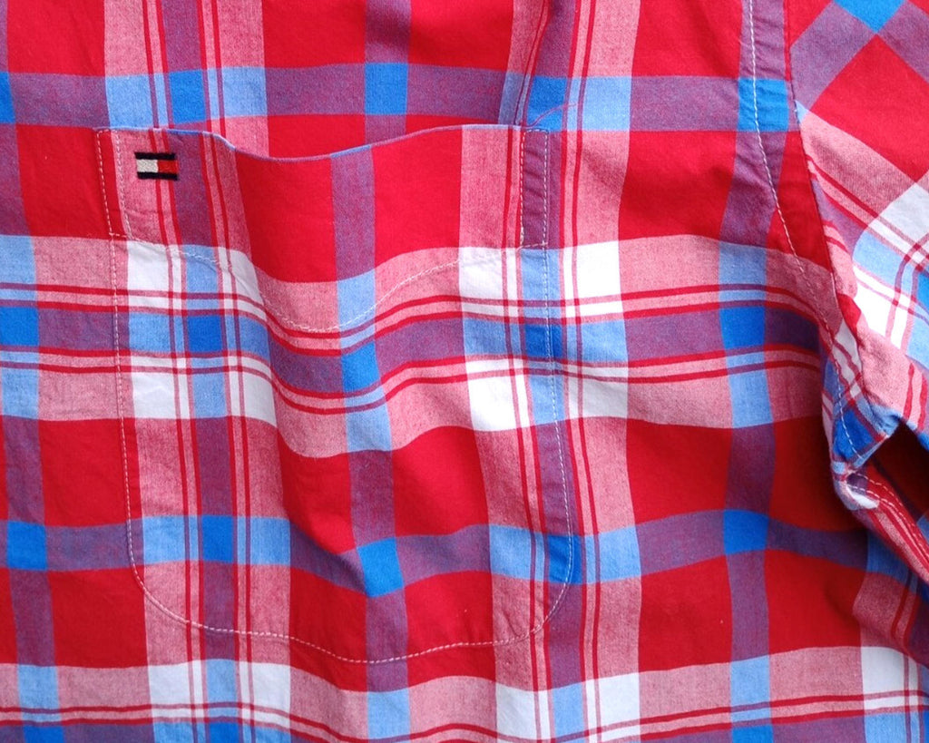 Tommy Hilfiger Shirt Men's UK Size L Red Check Short Sleeve Pockets 100% Cotton