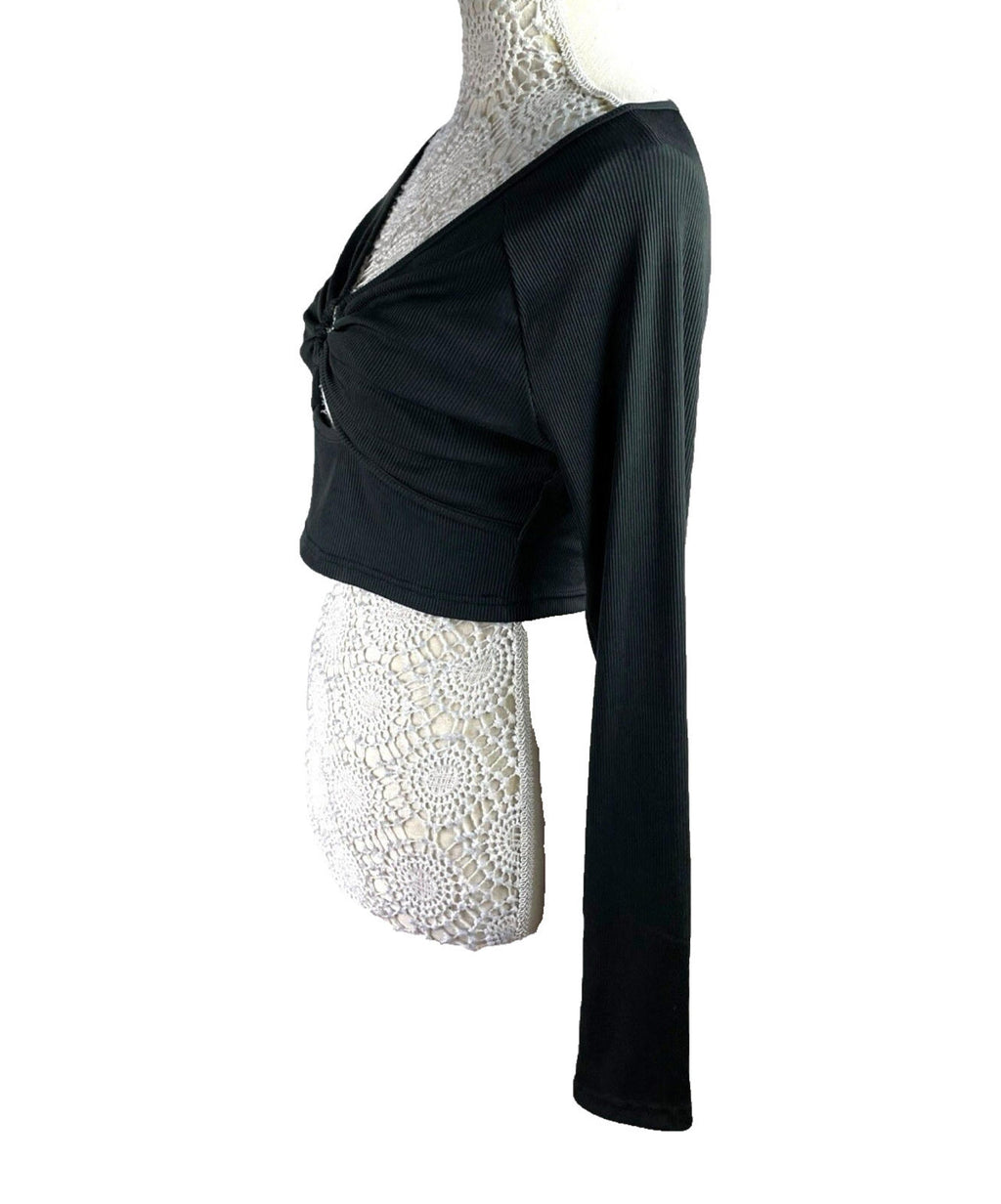 Shein Crop Top Women’s UK Size L Black Ribbed Long Sleeve V-Neck Heart Cutout