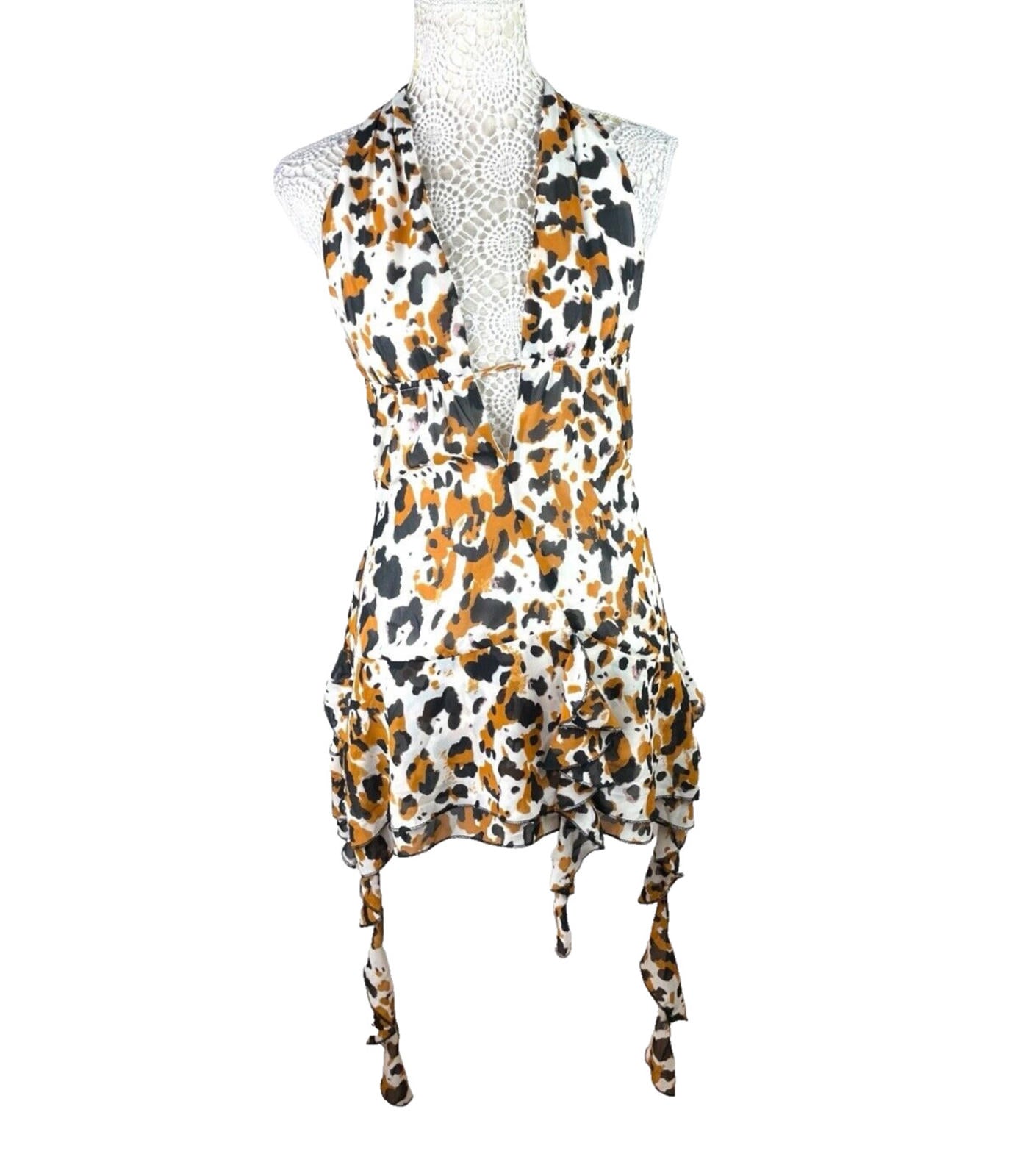 Cheetah Print Mini Dress Backless Deep V Neckline Women’s UK Size 8