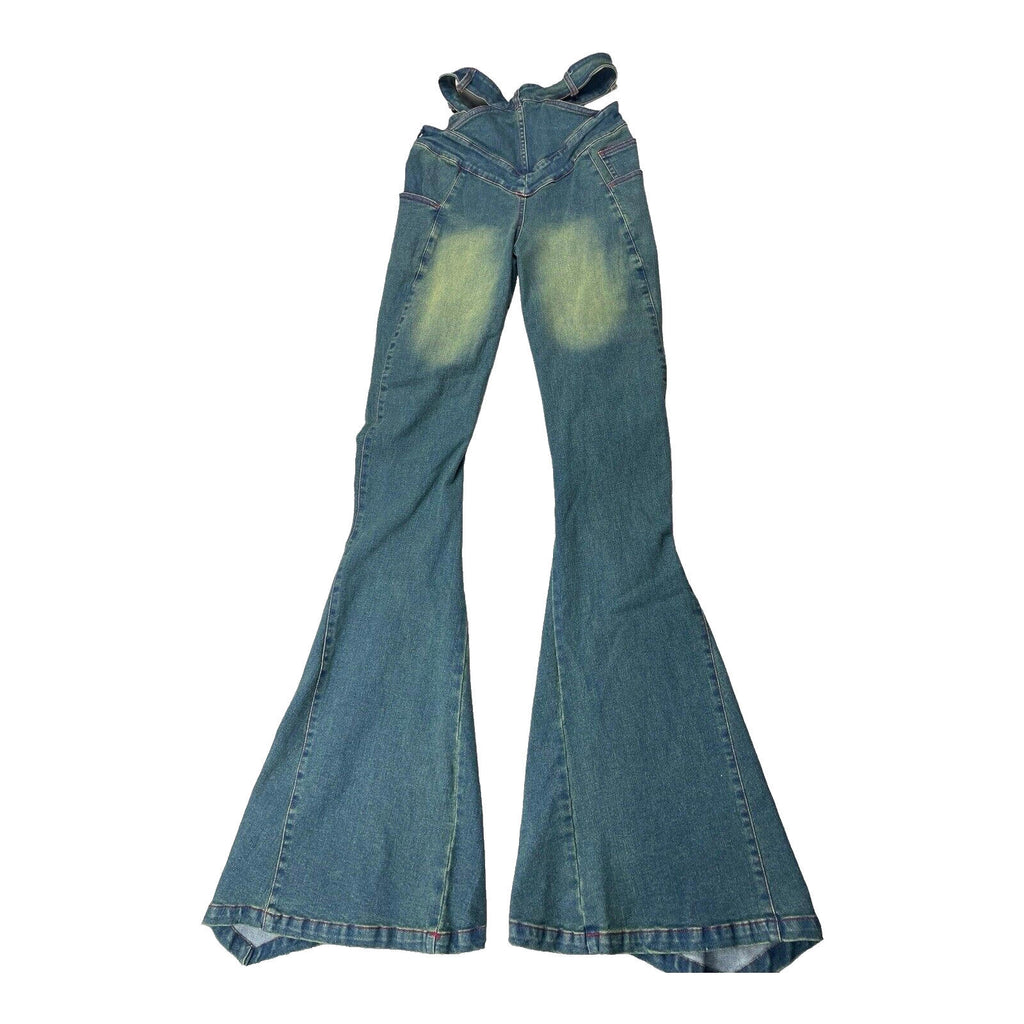 Flared Jeans Women's UK Size 8 Blue Denim Funky Double Zip Denim Distressed