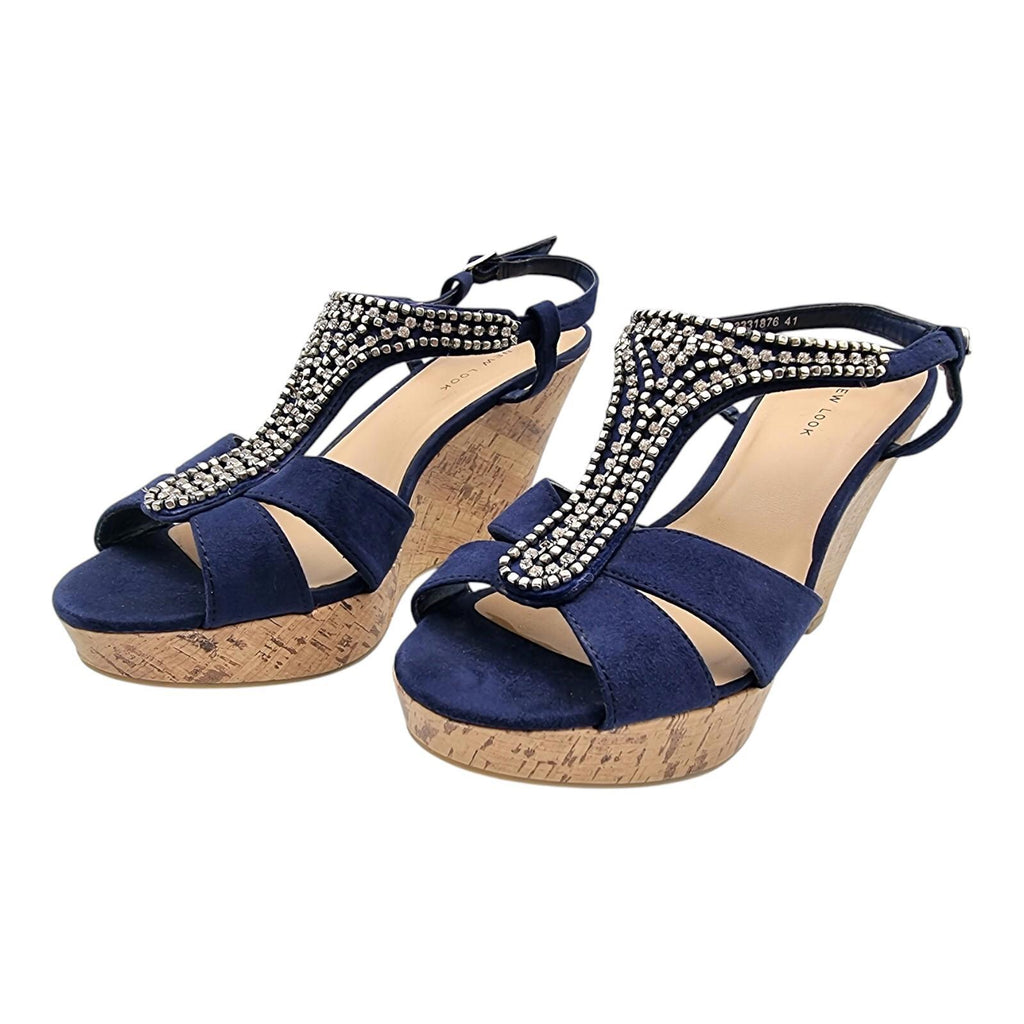 New Look Blue Suedette Wedge Sandals Embelished Straps Women's UK Size 6