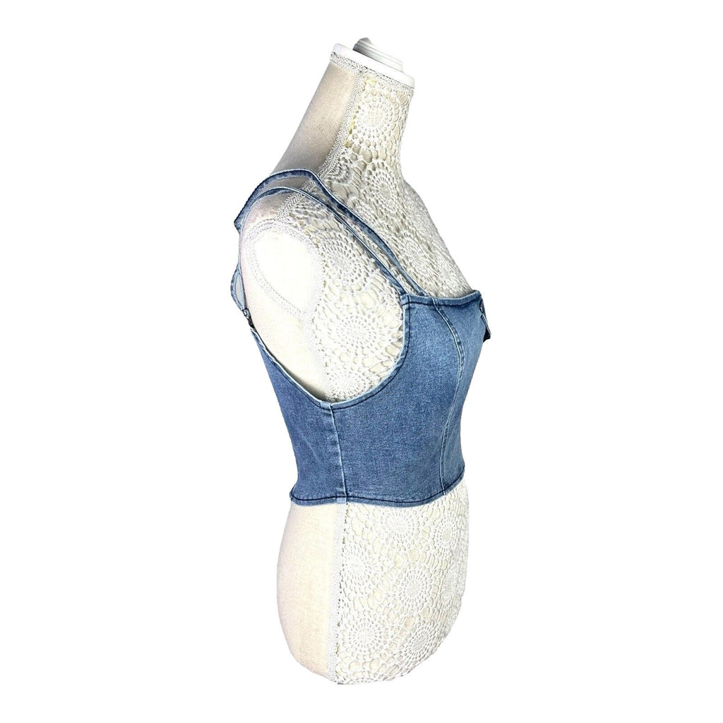 Denim One Shoulder Asymmetrical Crop Top Mock Pocket Women’s UK Size 8