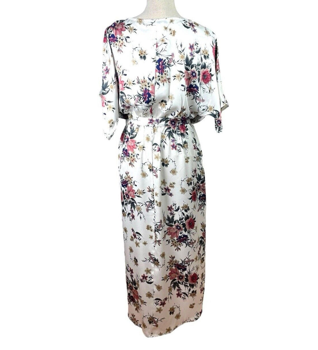 Yoins White Floral Maxi Dress Satin Effect Belted Women’s UK Size M (10-12)