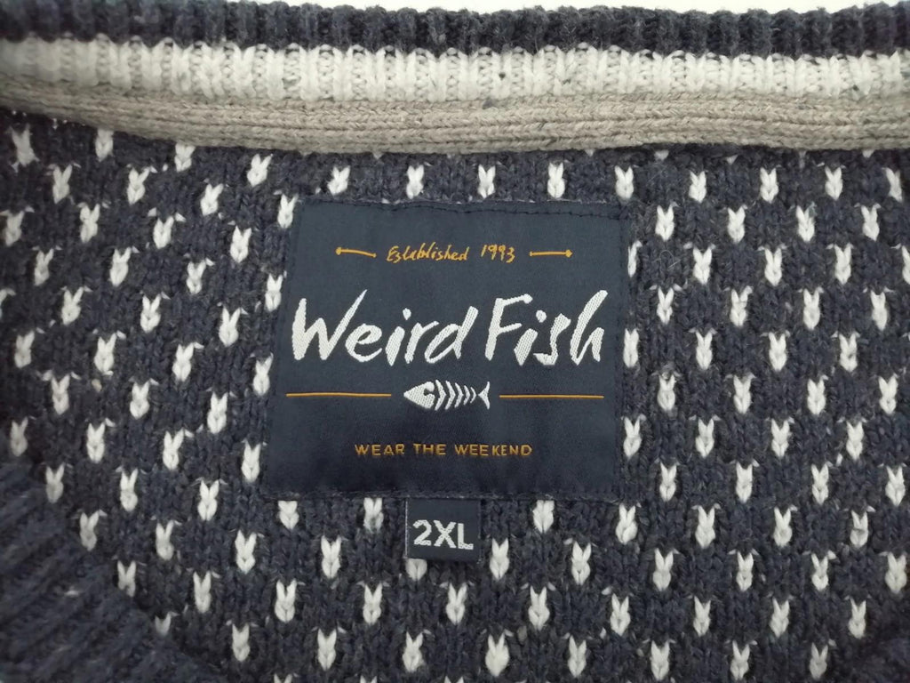 Weird Fish Chunky Knit Jumper Men's UK Size 2XL Navy White Crew Neck Sweater