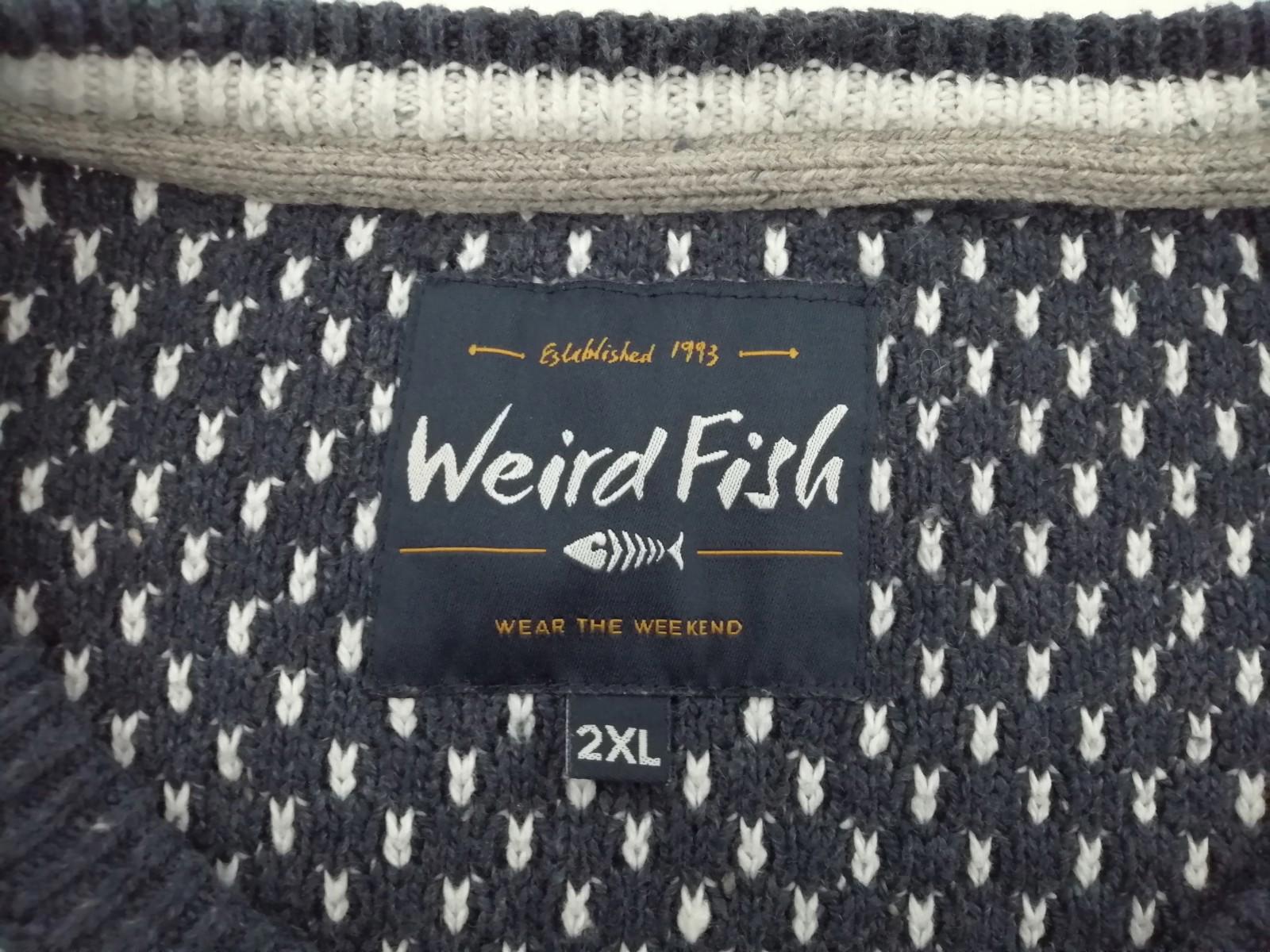 Weird Fish Chunky Knit Jumper Men's UK Size 2XL Navy White Crew Neck Sweater