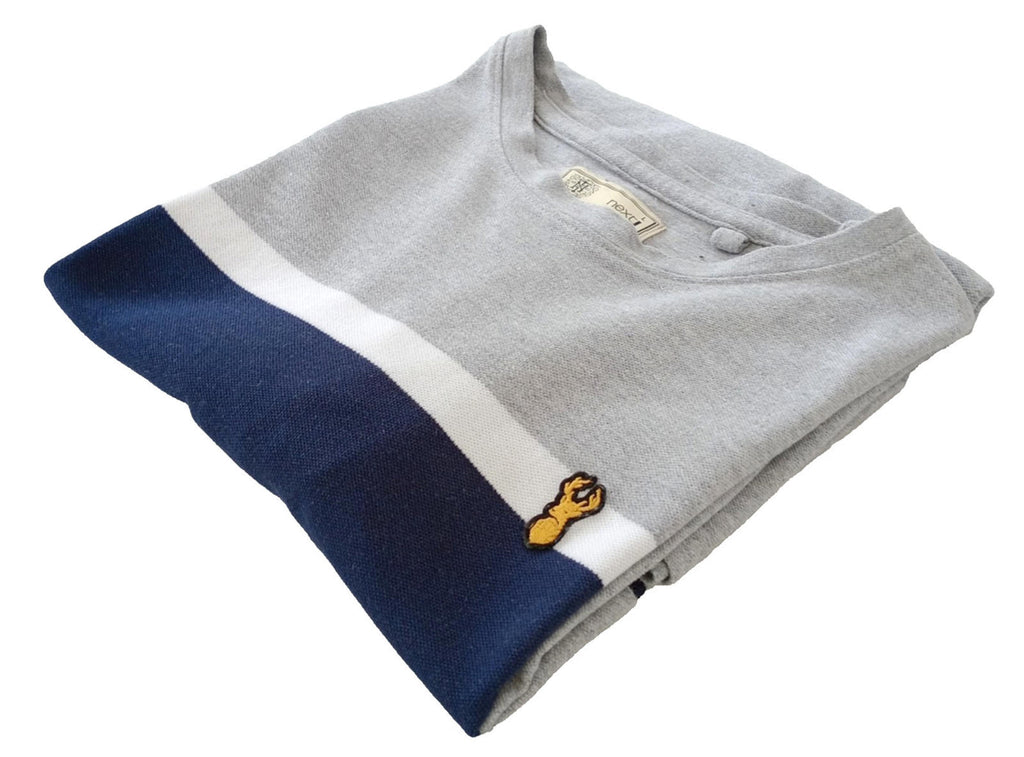 Next T-Shirt Men's UK Size L Grey Crew Neck Jersey Logo Striped Cotton Rich