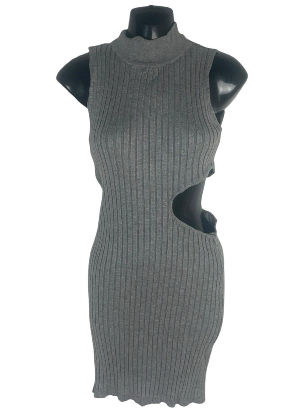 IX London Ribbed Bodycon Dress Women’s UK Size L Stretch Cut Out Side Mini Grey