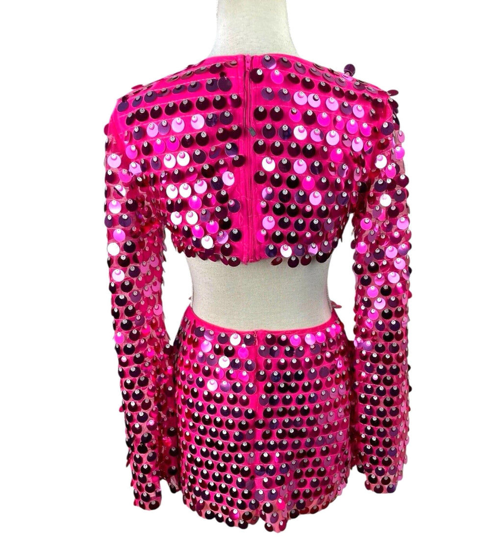 Bright Pink Big Sequin Cut Out Mini Dress Long Sheer Sleeve Women’s UK Size 8-10