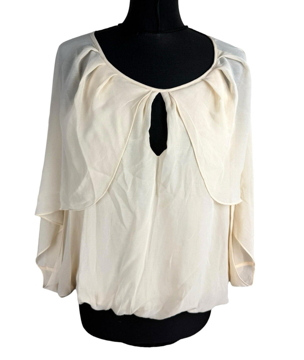 Warehouse Chiffon Layered Top Women’s UK Size 10 Smocked Keyhole Front Beige