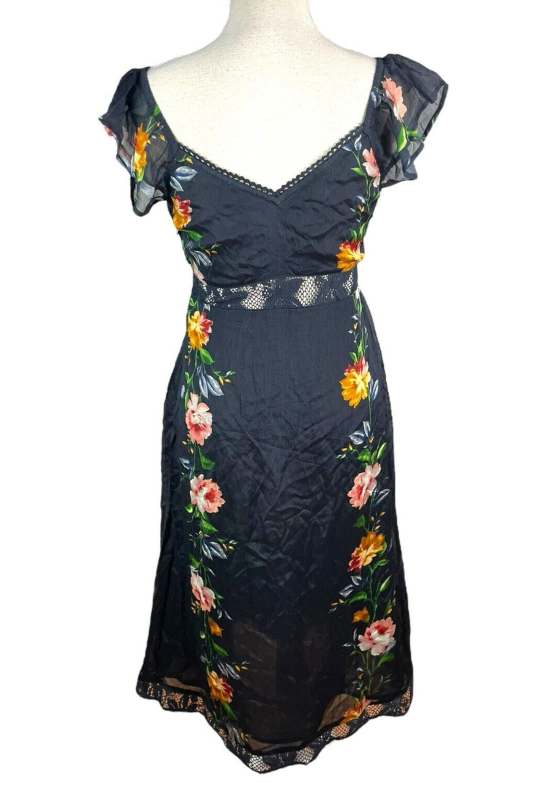 Black Floral Maxi Dress Lace Panels Women’s UK Size 8