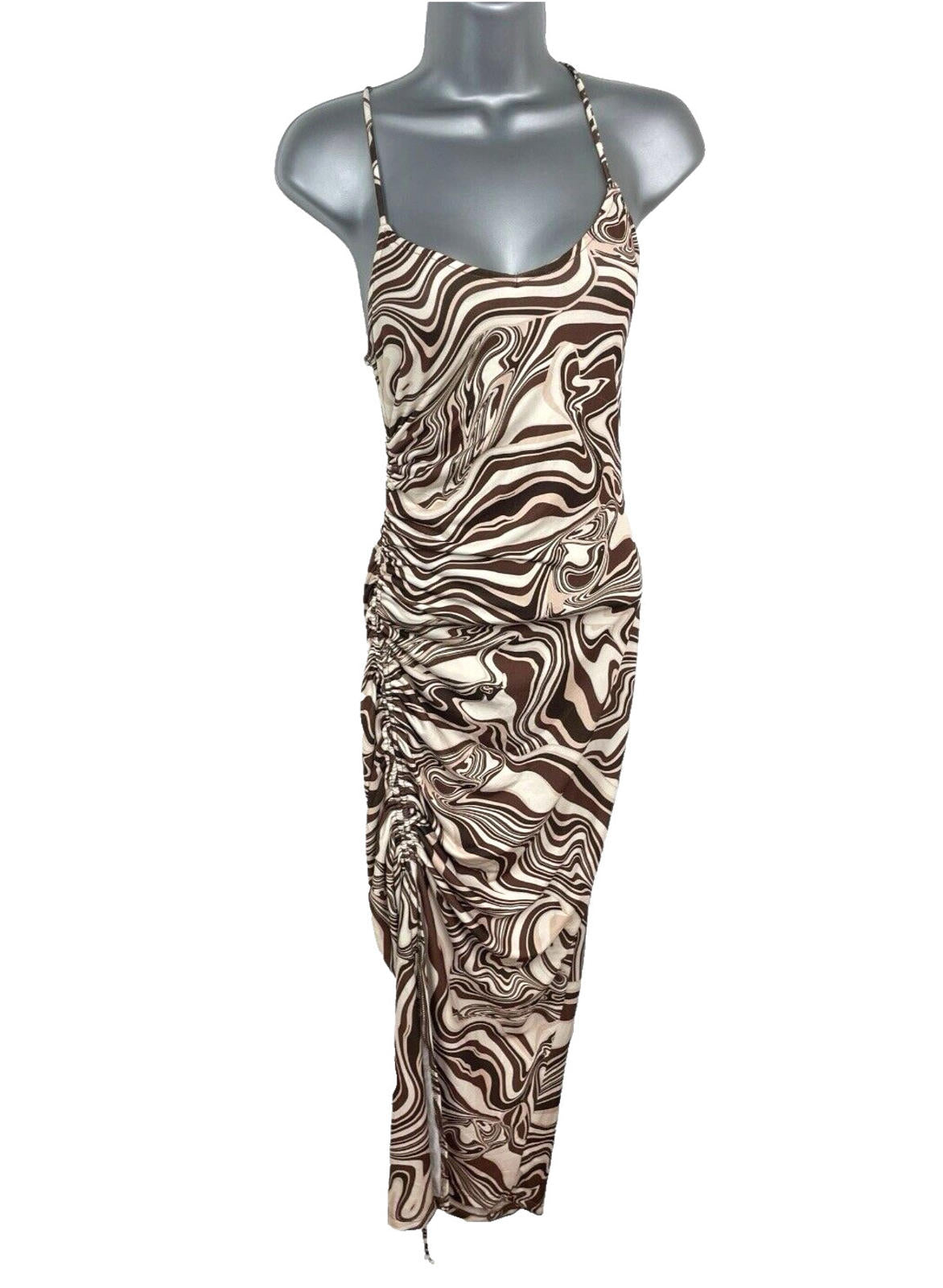 Bershka Maxi Dress Brown & Cream Ruched Side Slit Women’s UK Size XS