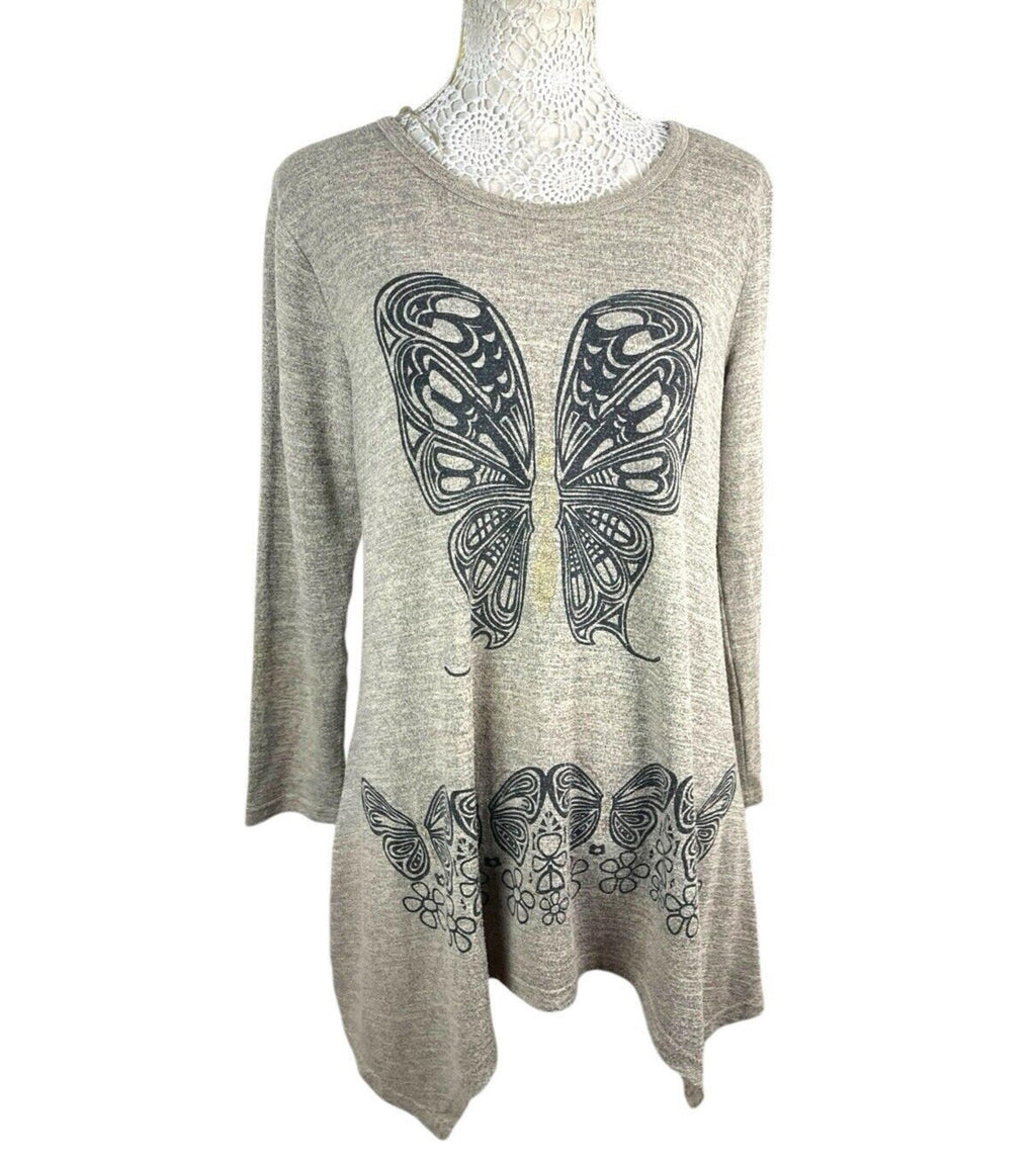 Butterfly Tunic Top Women’s UK Size M Beige Long-Sleeved Lightweight Jumper