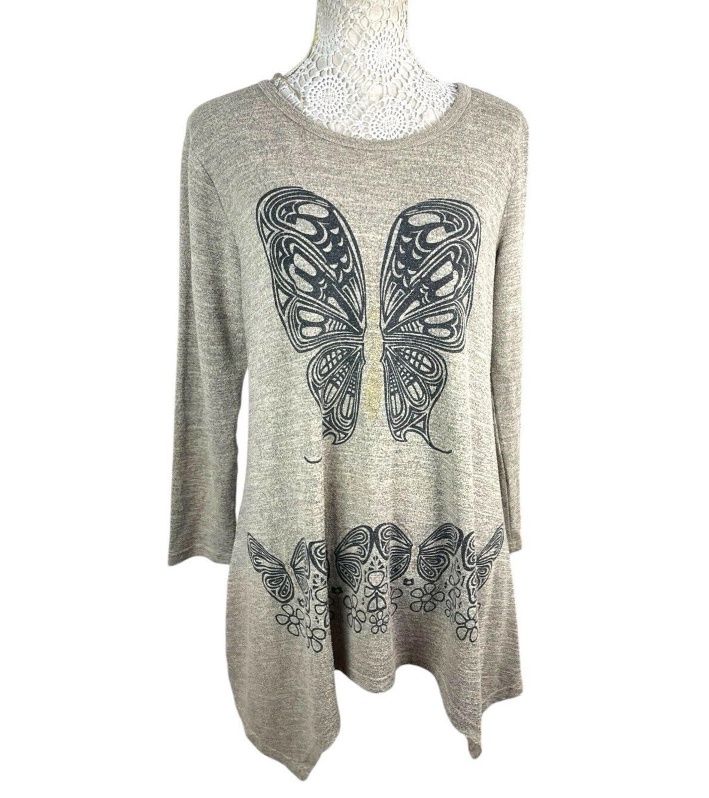 Butterfly Tunic Top Women’s UK Size M Beige Long-Sleeved Lightweight Jumper