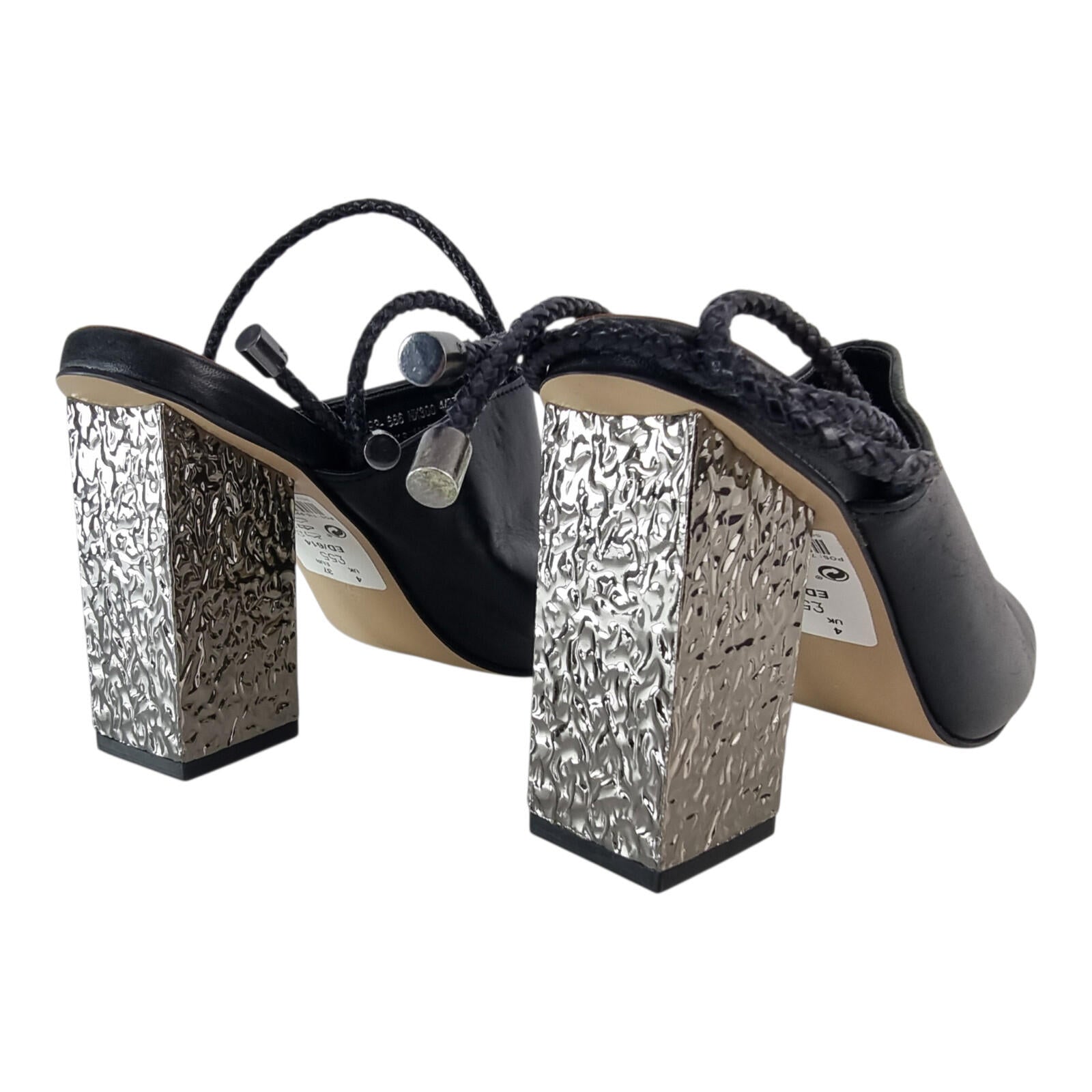 Next Signature Black Block Heels Women's UK Size 4 Ankle Straps Hammered Silver