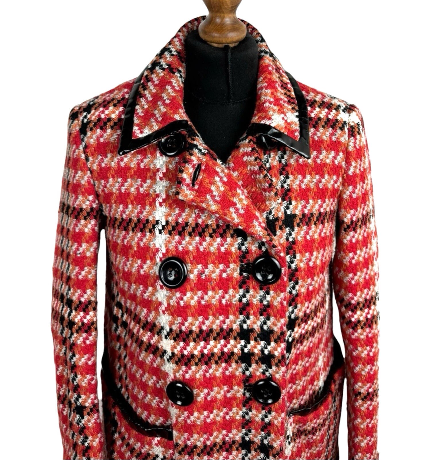 Topshop Red Check Overcoat Women’s UK Size 8 Collared Pockets Lined Button Up