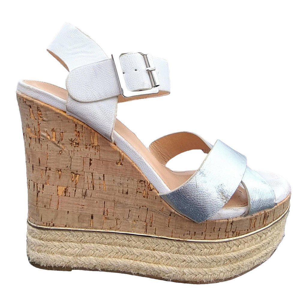 VERY Wedge Sandals Shoes Silver Metallic Espadrille Trim Women's UK Size 6