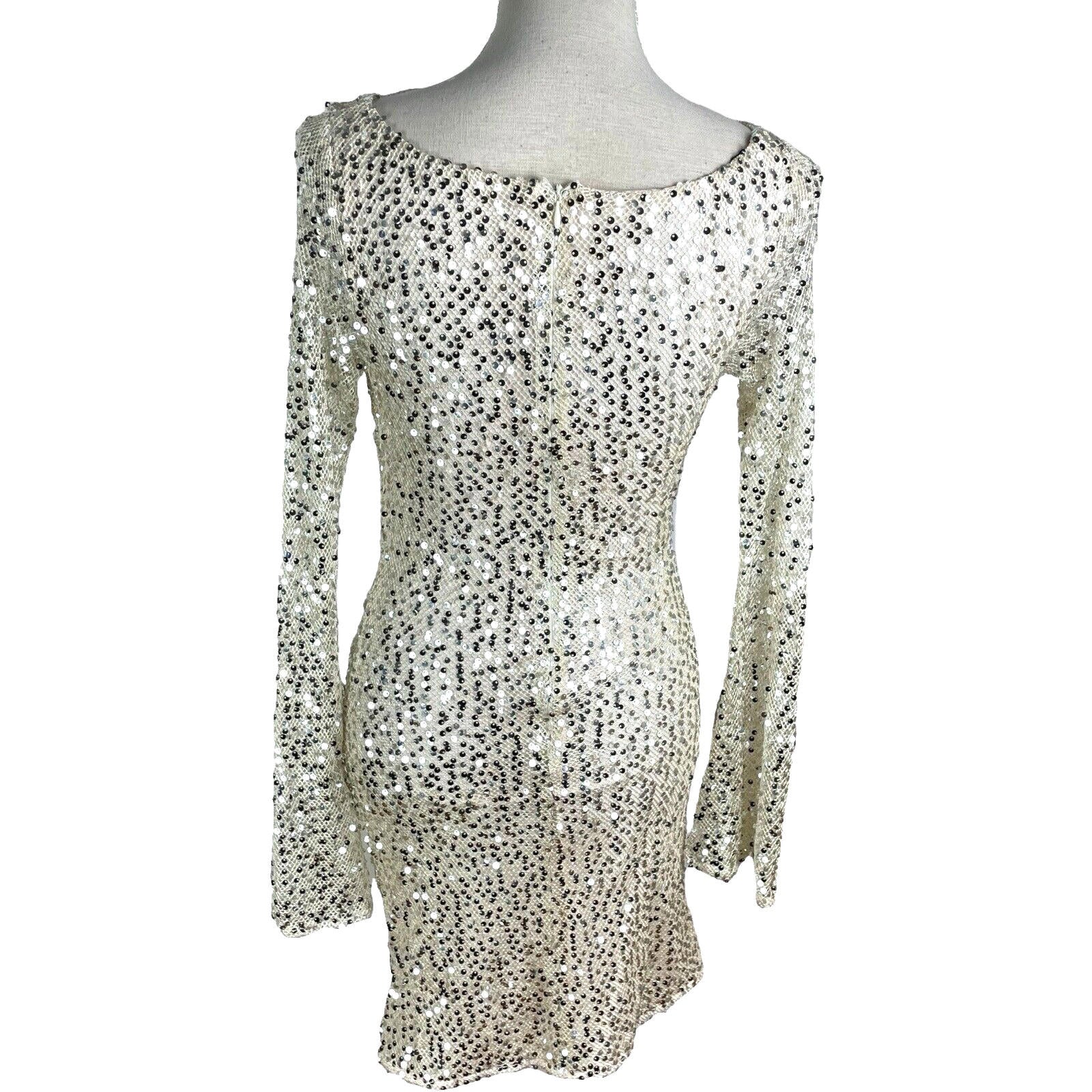 Silver Sequin Mini Dress Women’s UK Size 8 Long Sleeve Cowl Neckline Occasion
