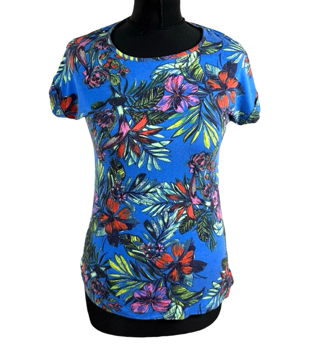 Peacocks T-Shirt Blouse Women’s UK Size 8 Tropical Print Zip Back Multicolour