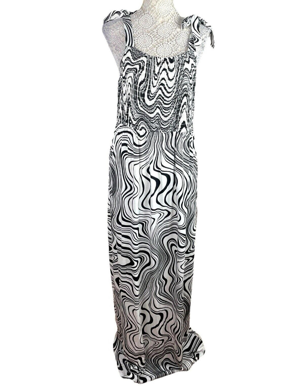Papaya Maxi Dress Women’s UK Size 16 Black & White Tie Shoulder Abstract Swirl