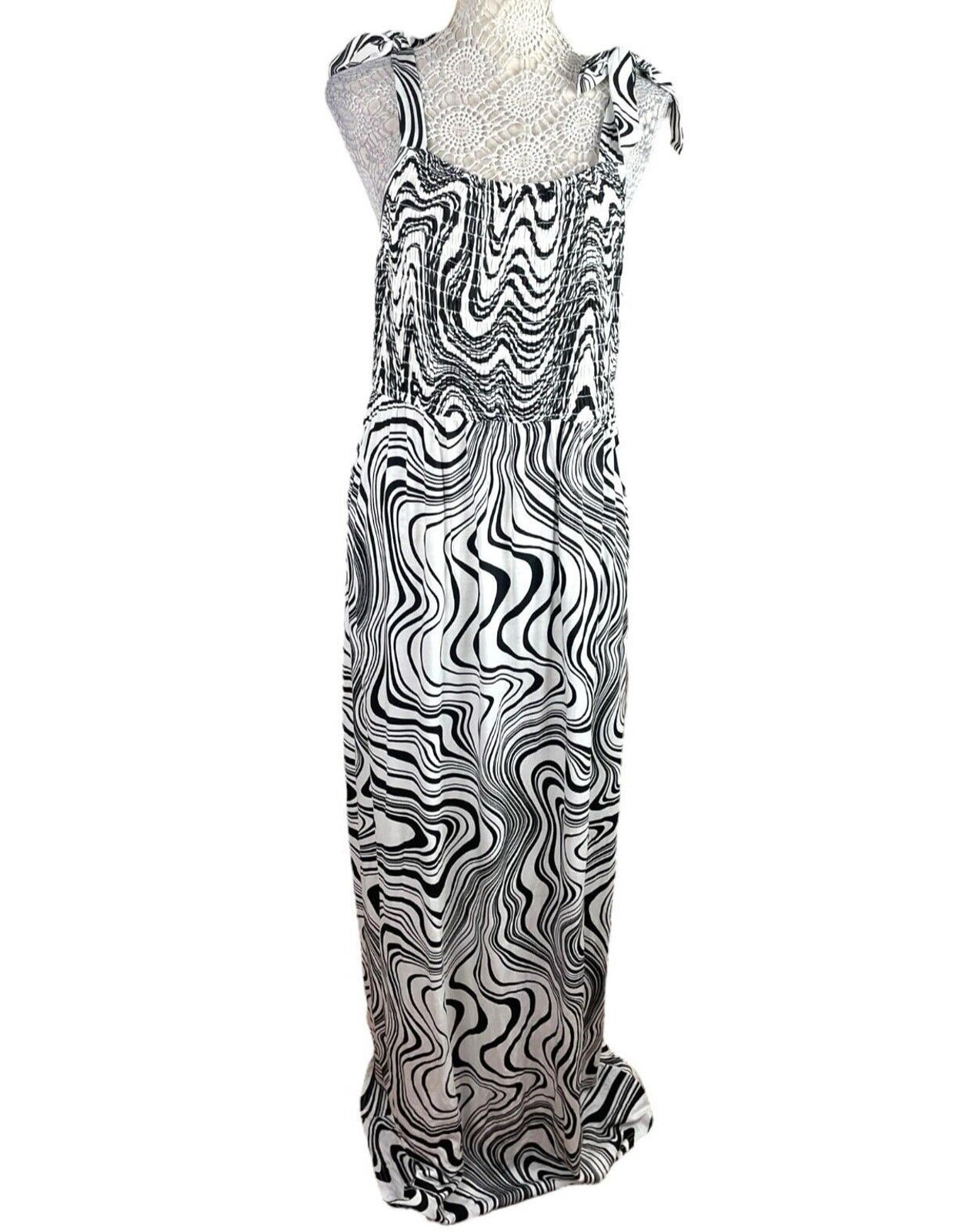 Papaya Maxi Dress Women’s UK Size 16 Black & White Tie Shoulder Abstract Swirl