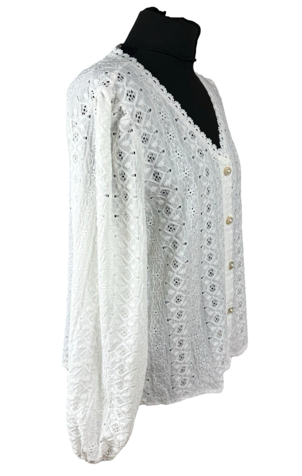 Shein Lace Cardigan Blouse Women’s UK Size XL White Pearl Button V-Neck Crochet