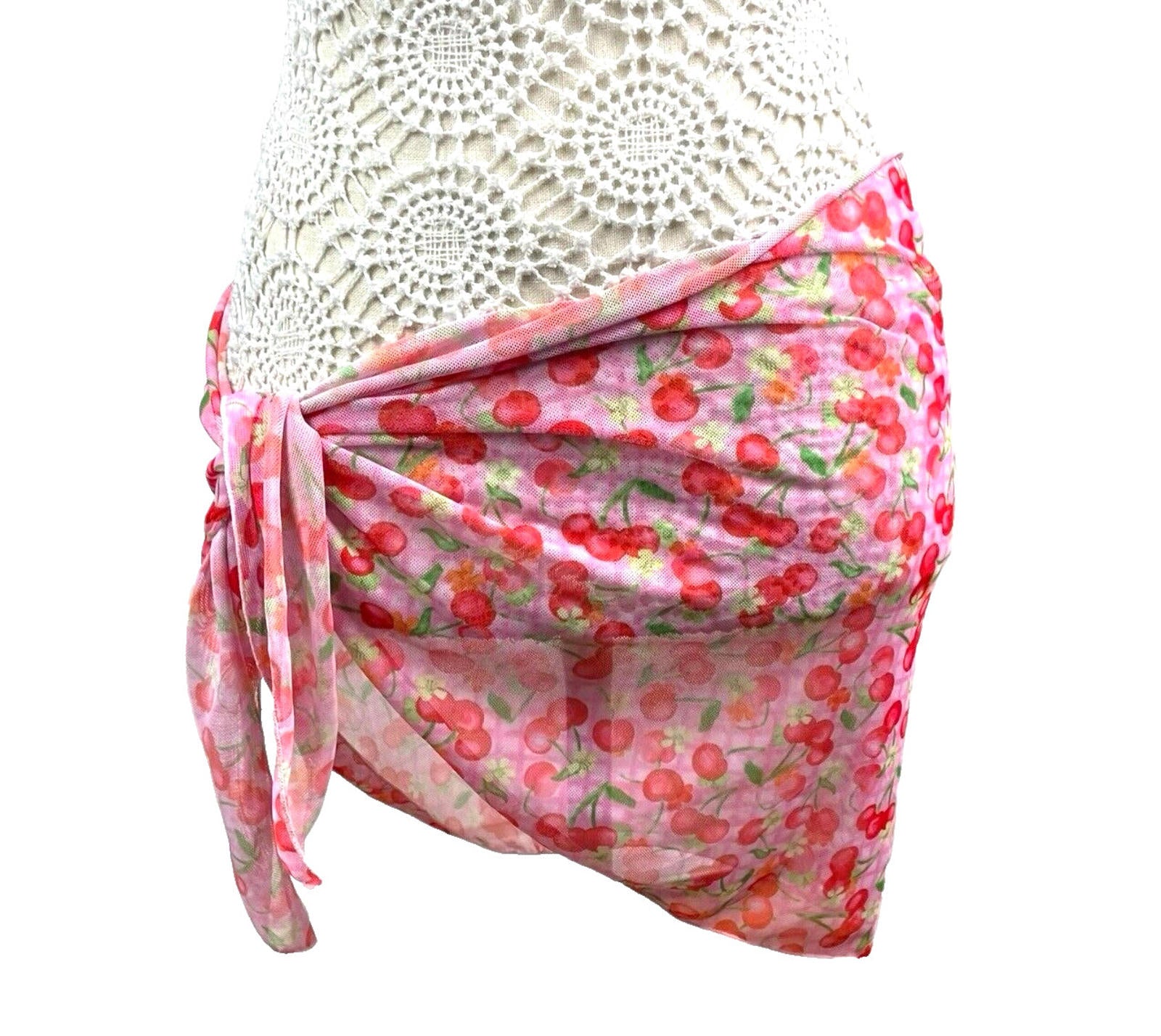 Cherry Print Sarong Women’s UK Size S Pink Tie Side Mini Cover Up Summer Beach