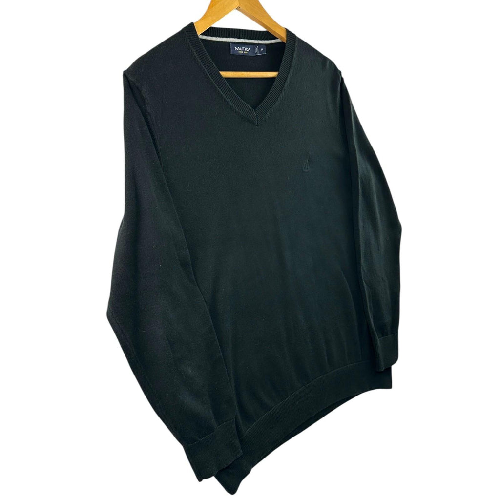 Nautica Knit Jumper Men's UK Size XL Black Long Sleeve 100% Cotton V-Neck