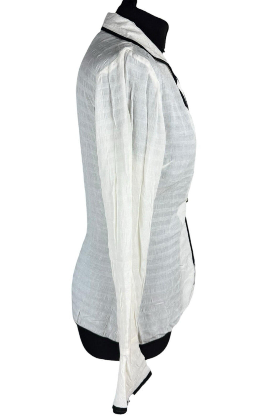 Linen Blazer Blouse Top Women’s UK Size S Flared Sleeves Ivory & Black Piping