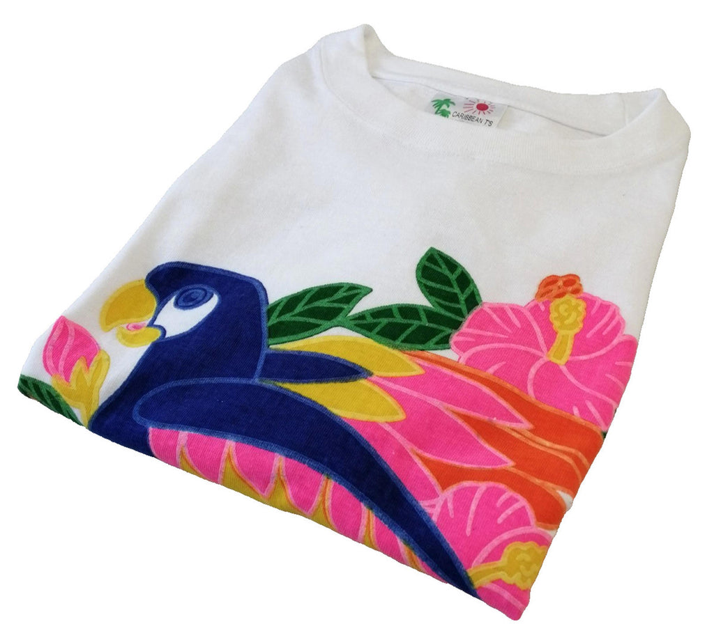 Colourful Parrot Caribbean Graphic Print T-Shirt Men's Size XL White Crew Neck