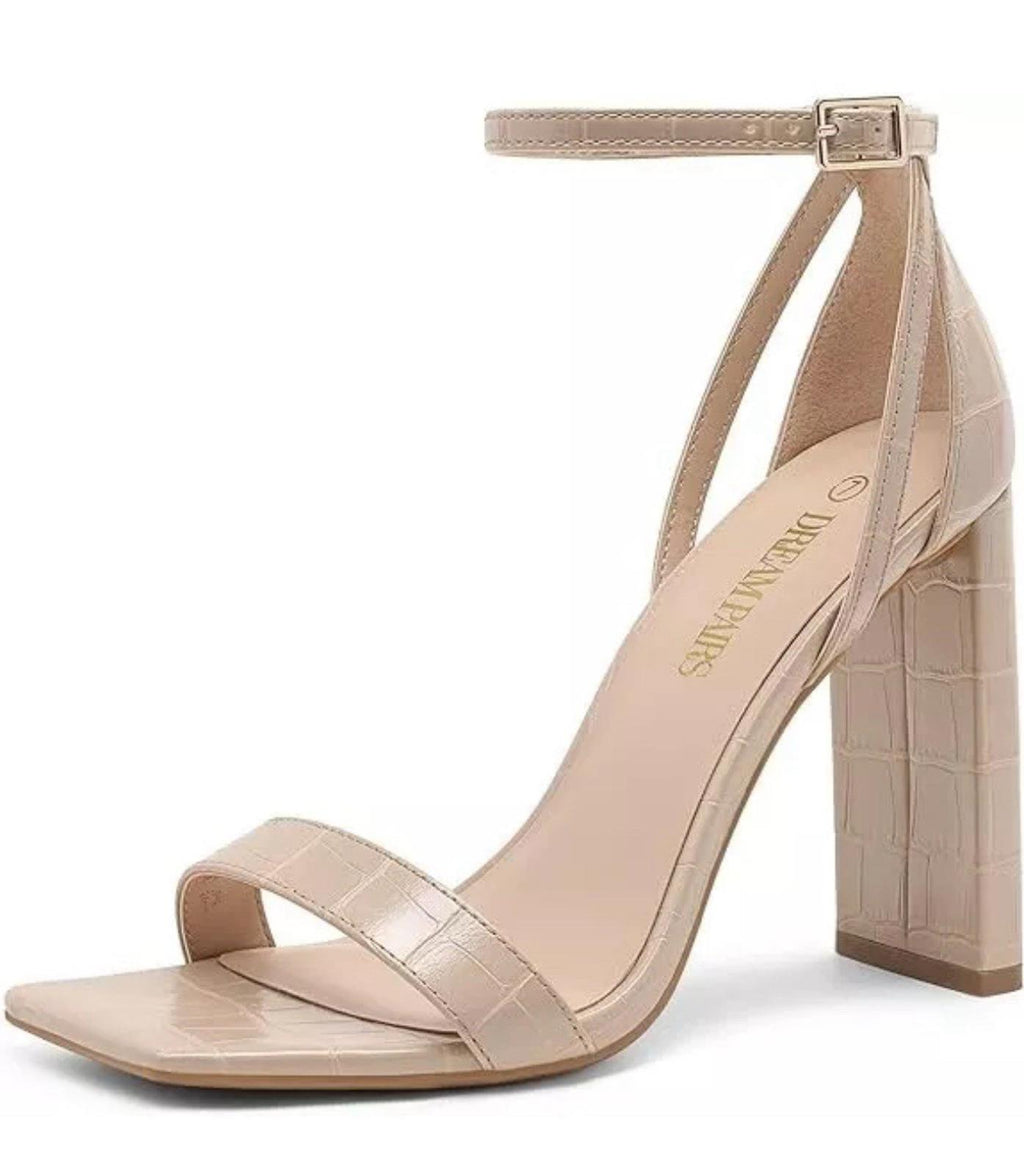 Dream Pairs Nude Open Square Toe Block Heel Shoes Crocodie Faux Leather
