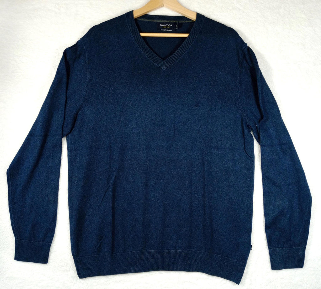 Nautica Jumper Men's UK Size L Blue Long Sleeve 100% Cotton Easy Care V-Neck