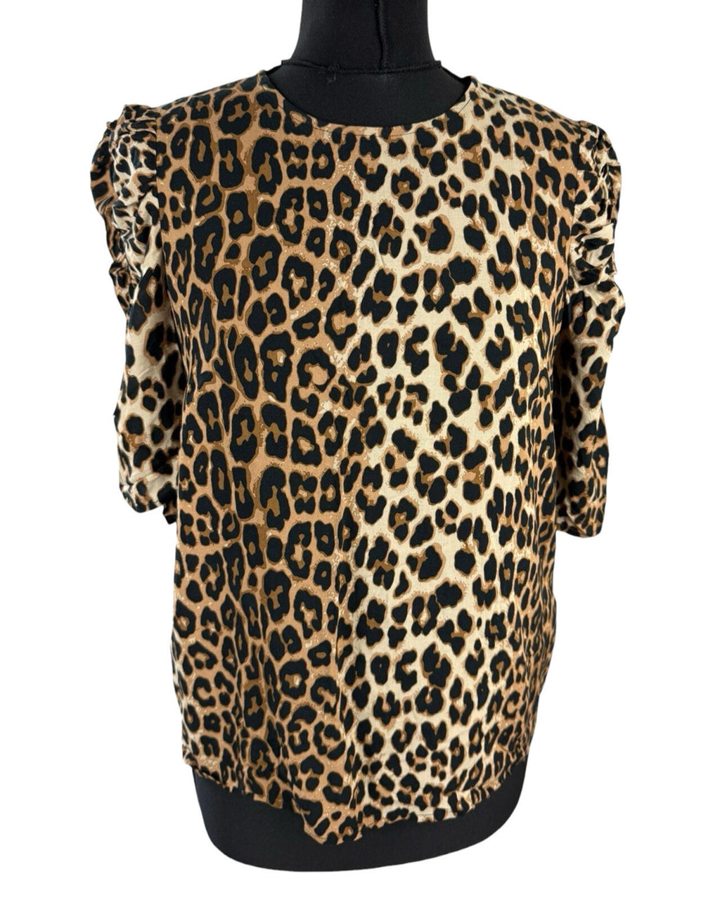 H&M Leopard Print Blouse Women’s UK Size XS Relaxed Fit Puff-Sleeved Lightweight