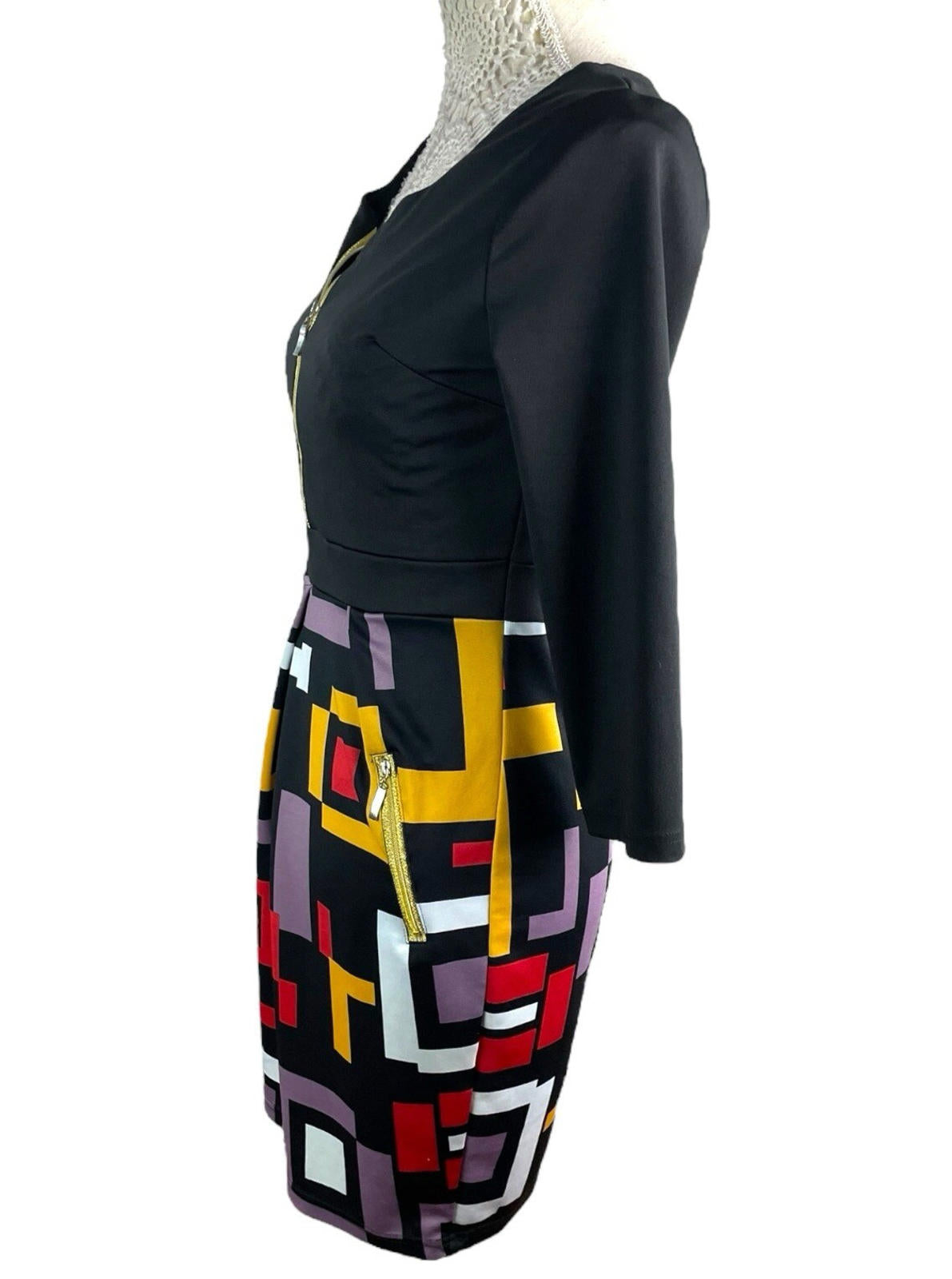 Miusol Retro Look Mini Dress Long Sleeve Zip Front Women’s UK Size M