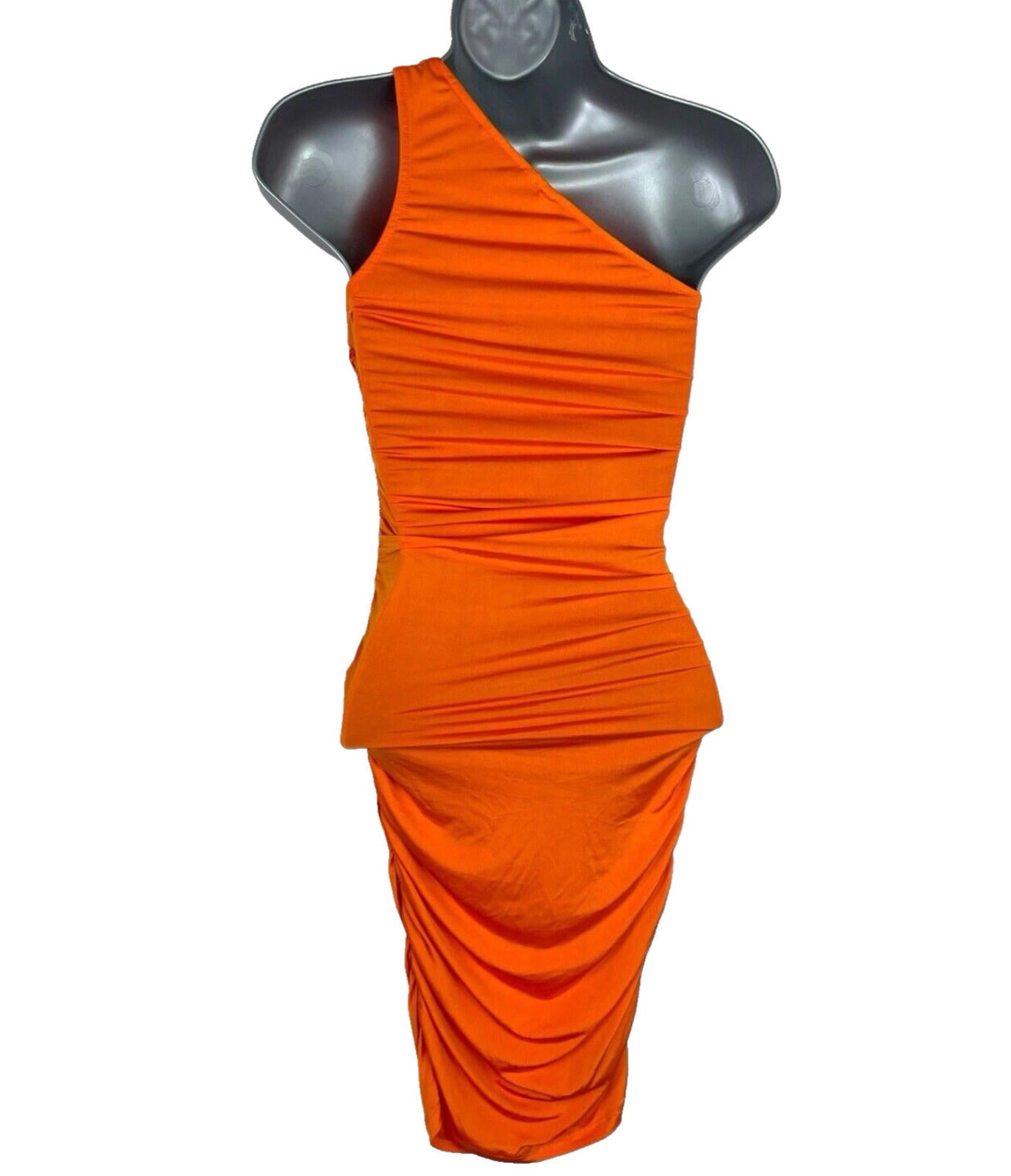 Stradivarius Midaxi Dress Bodycon Orange One Shoulder Ruffle Women’s UK Size XS