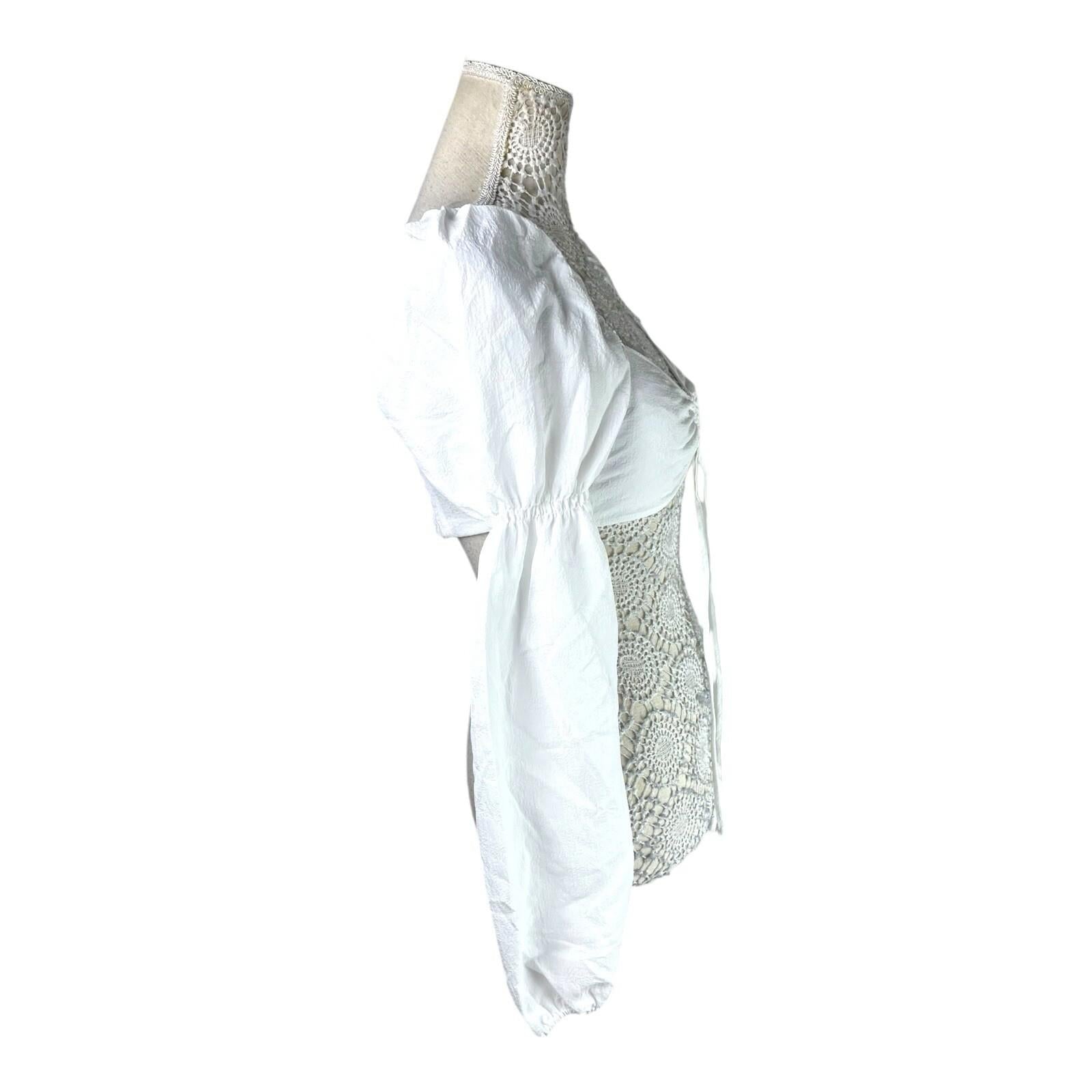Divided White Puff Sleeve Crop Top Silver Ring Eyelet Women’s UK Size S